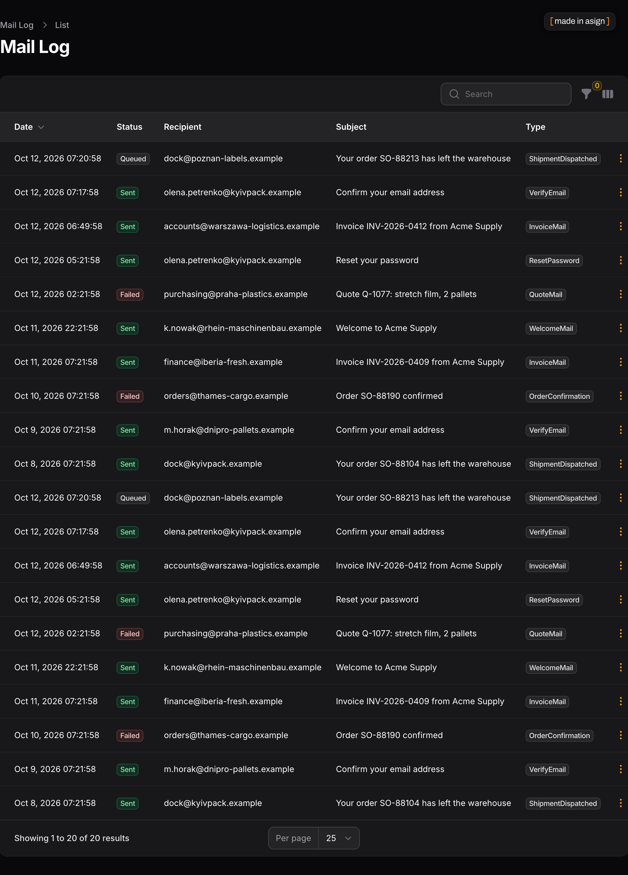 The mail log in dark mode