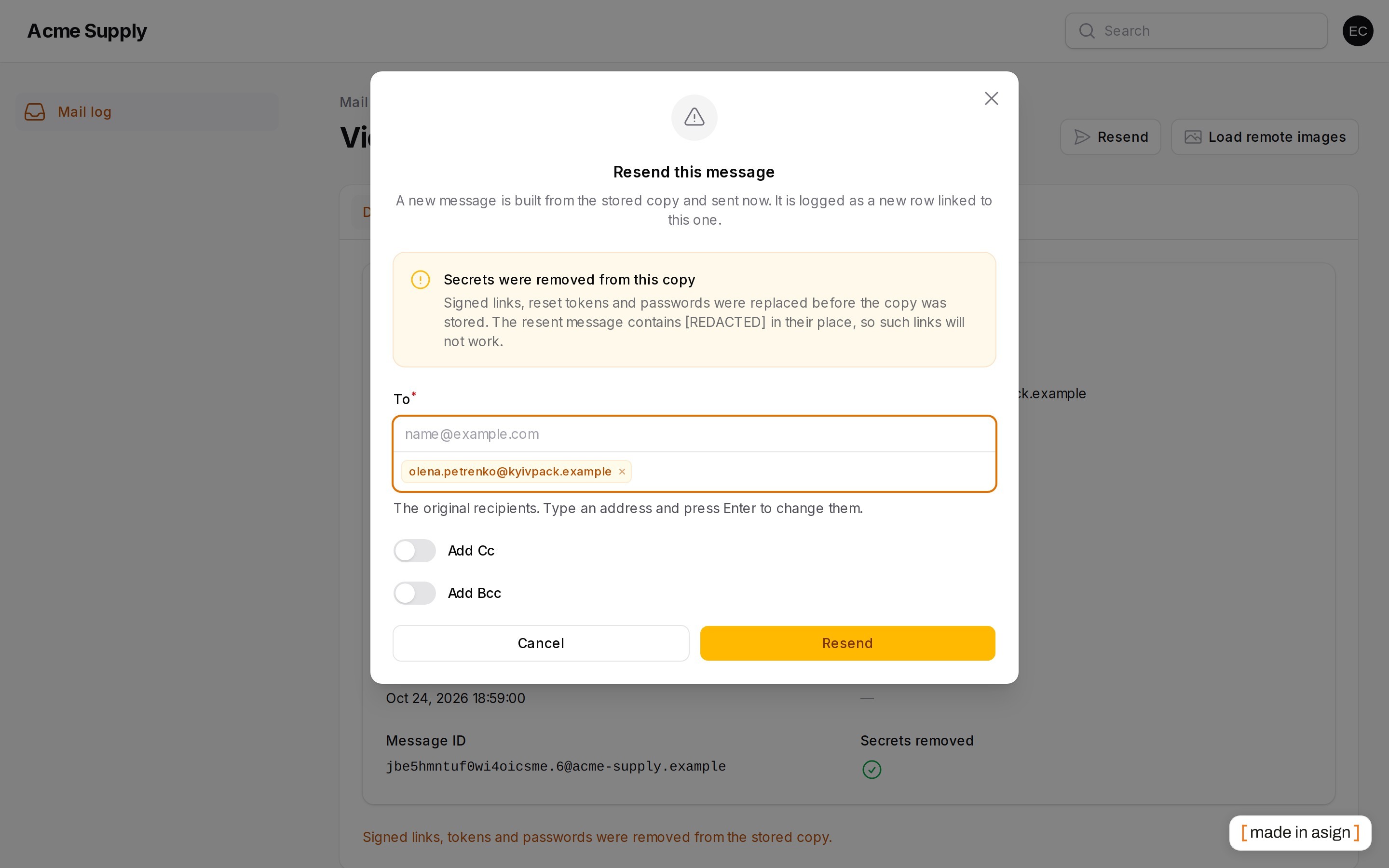 The Resend modal