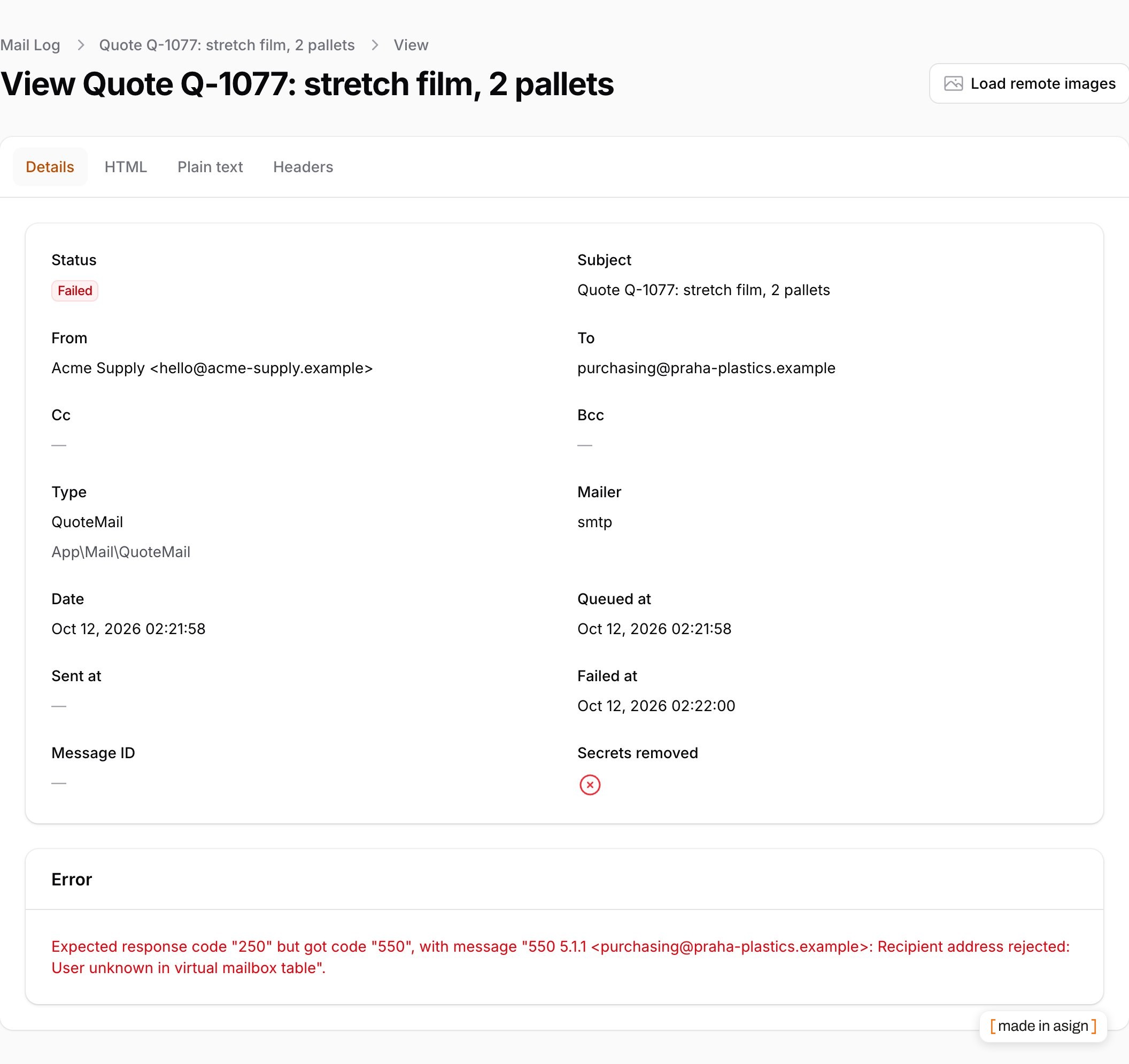 A failed message with the SMTP error