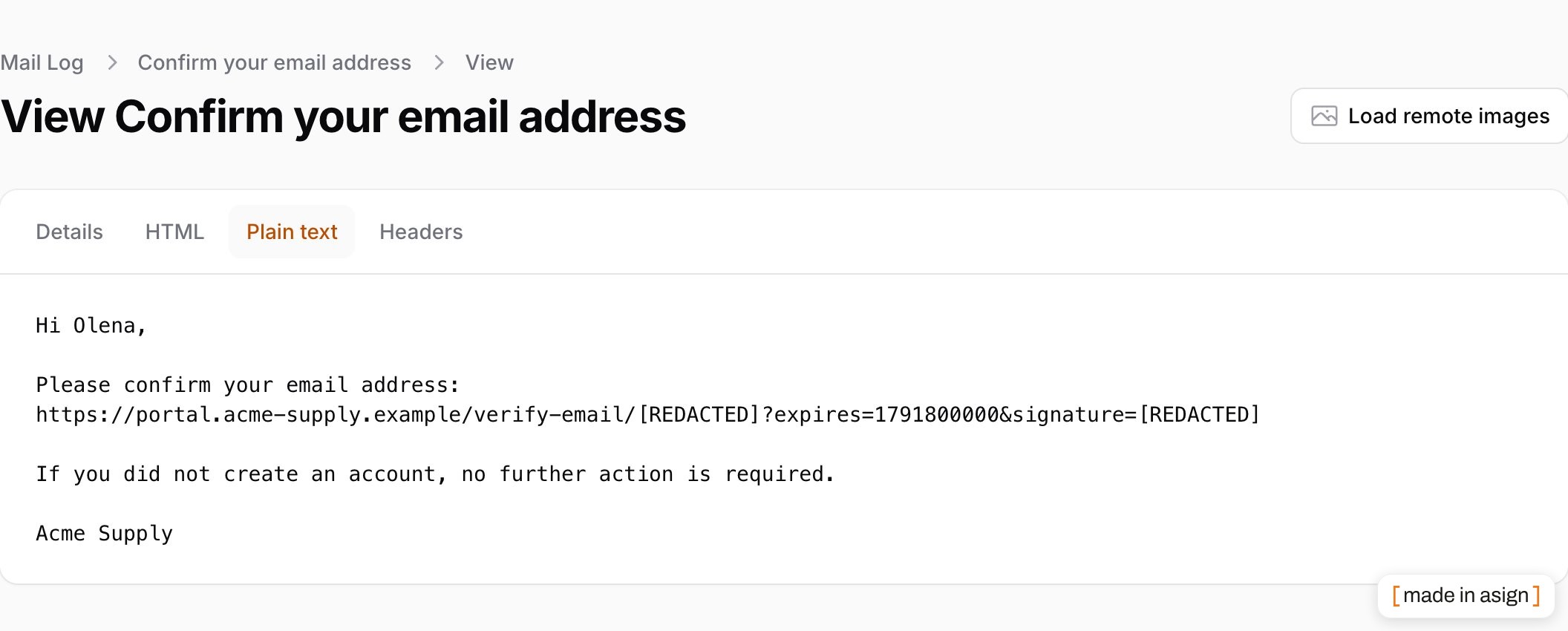 Plain text tab with a redacted signature and token