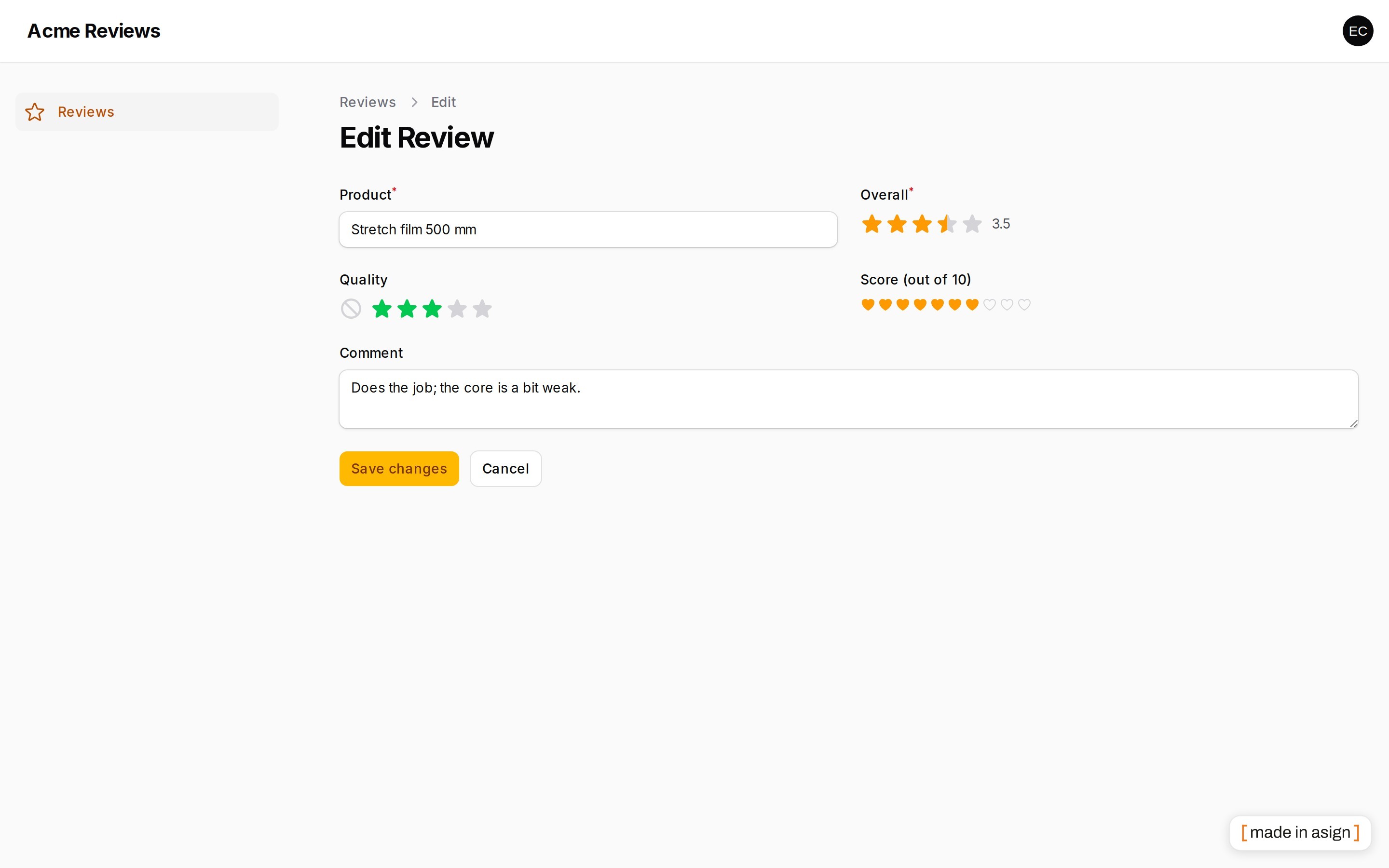 Rating fields in a form