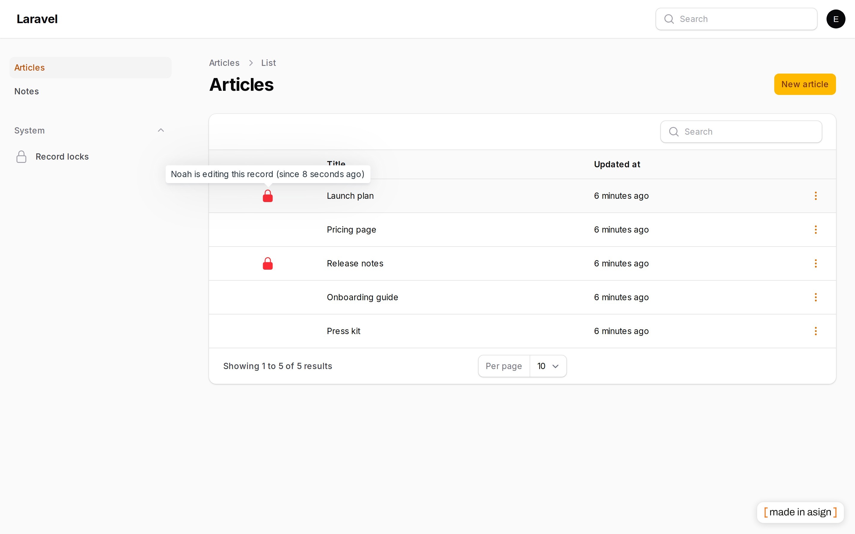 The lock column and the record actions