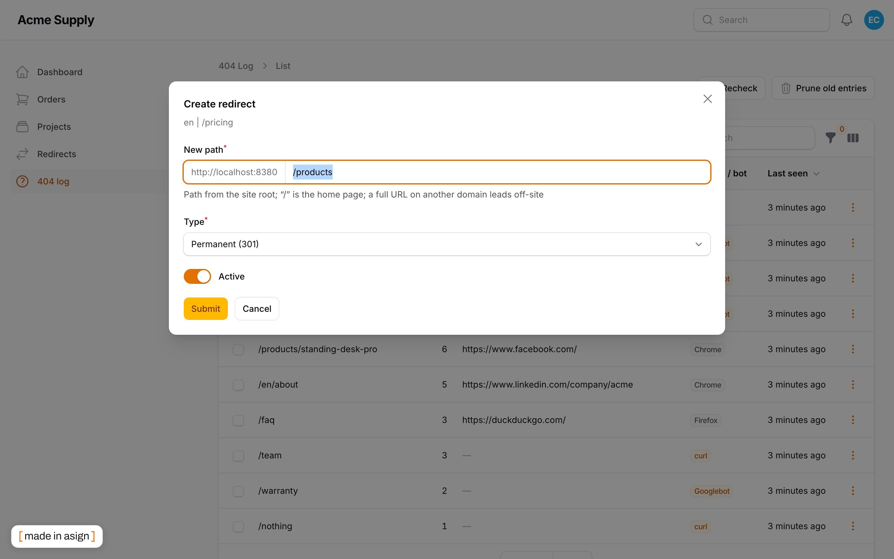 Create a redirect from a 404 row