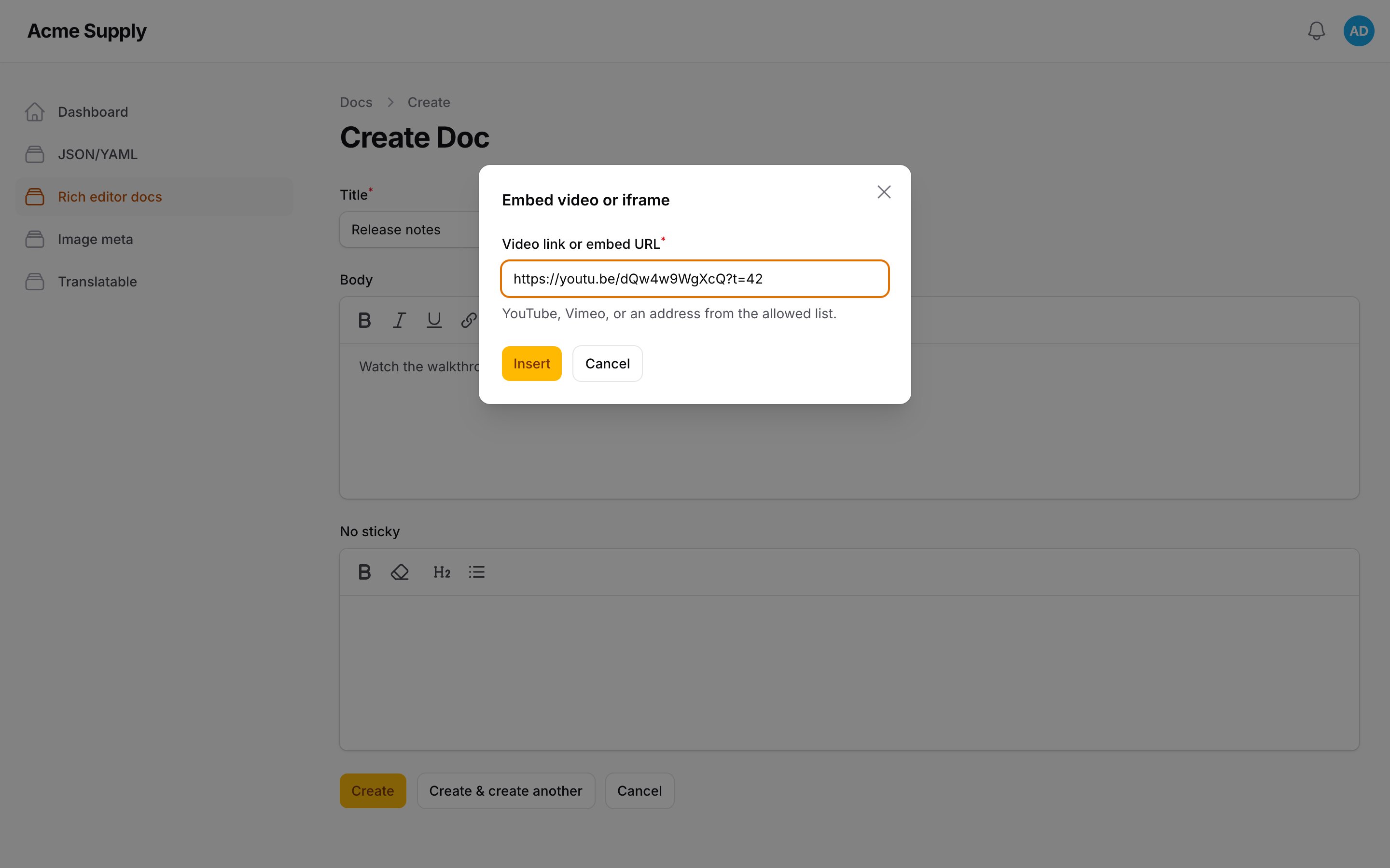 The Embed dialog accepting a YouTube link