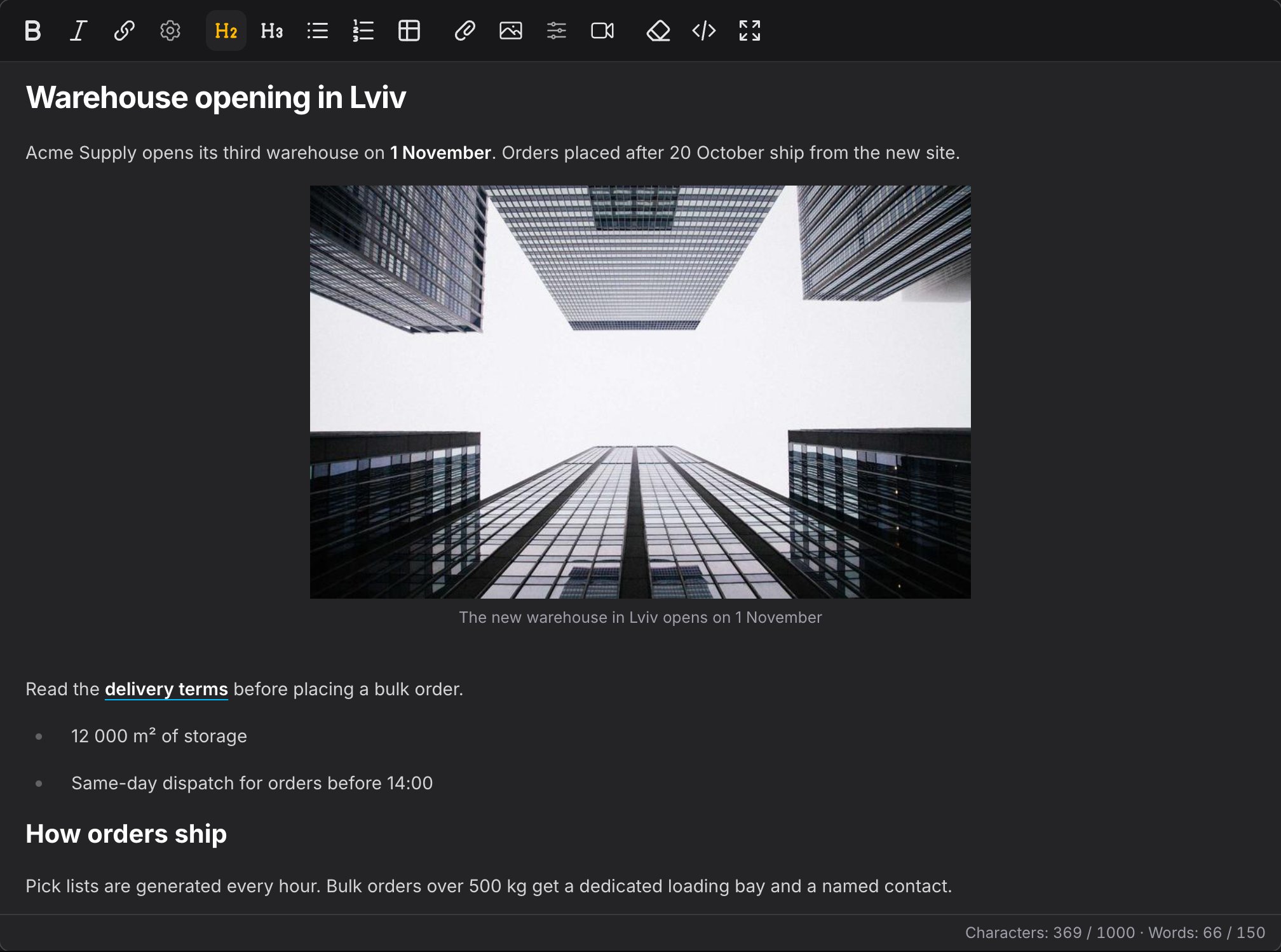 The editor in dark mode