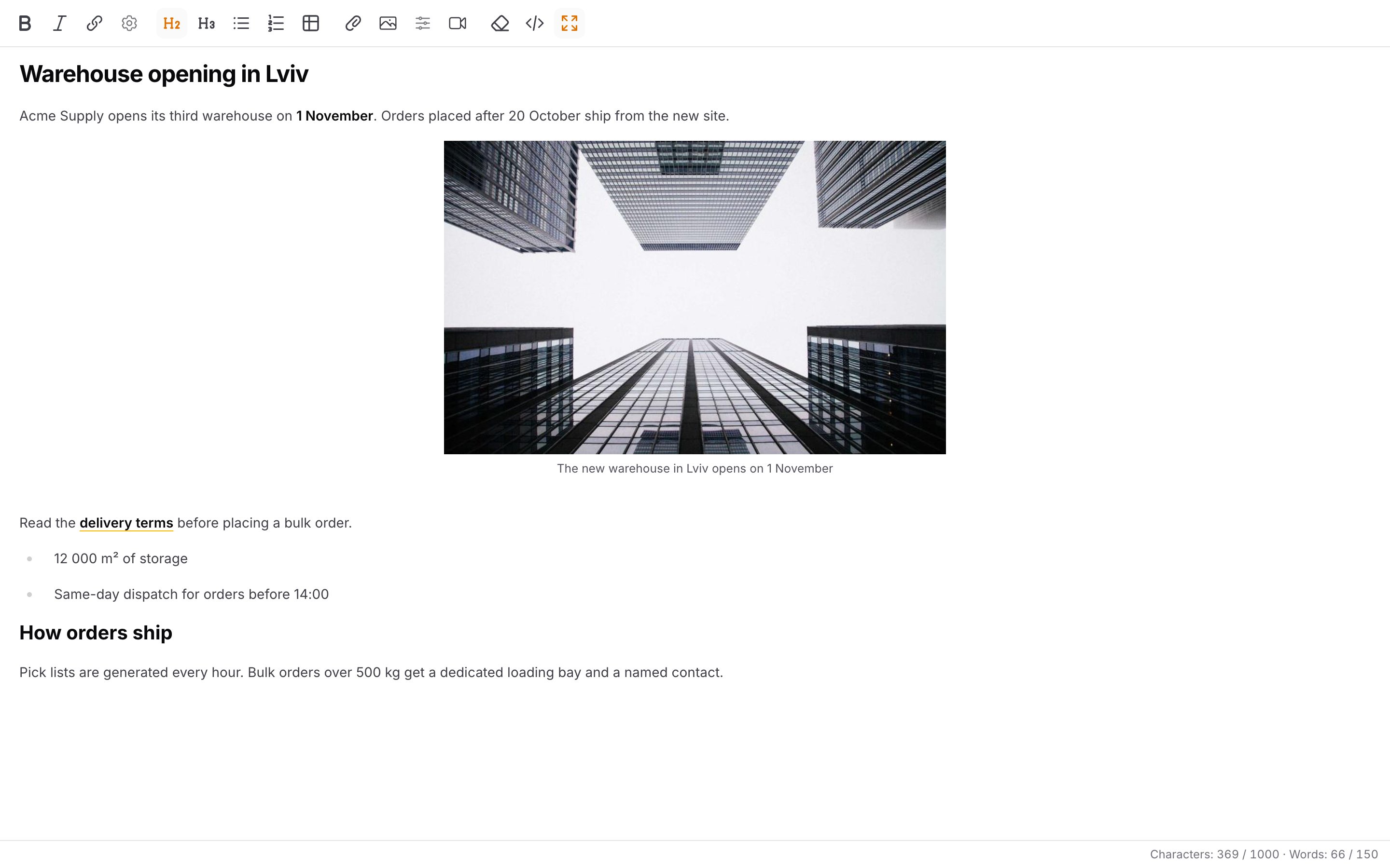 The editor in fullscreen with the character and word counter