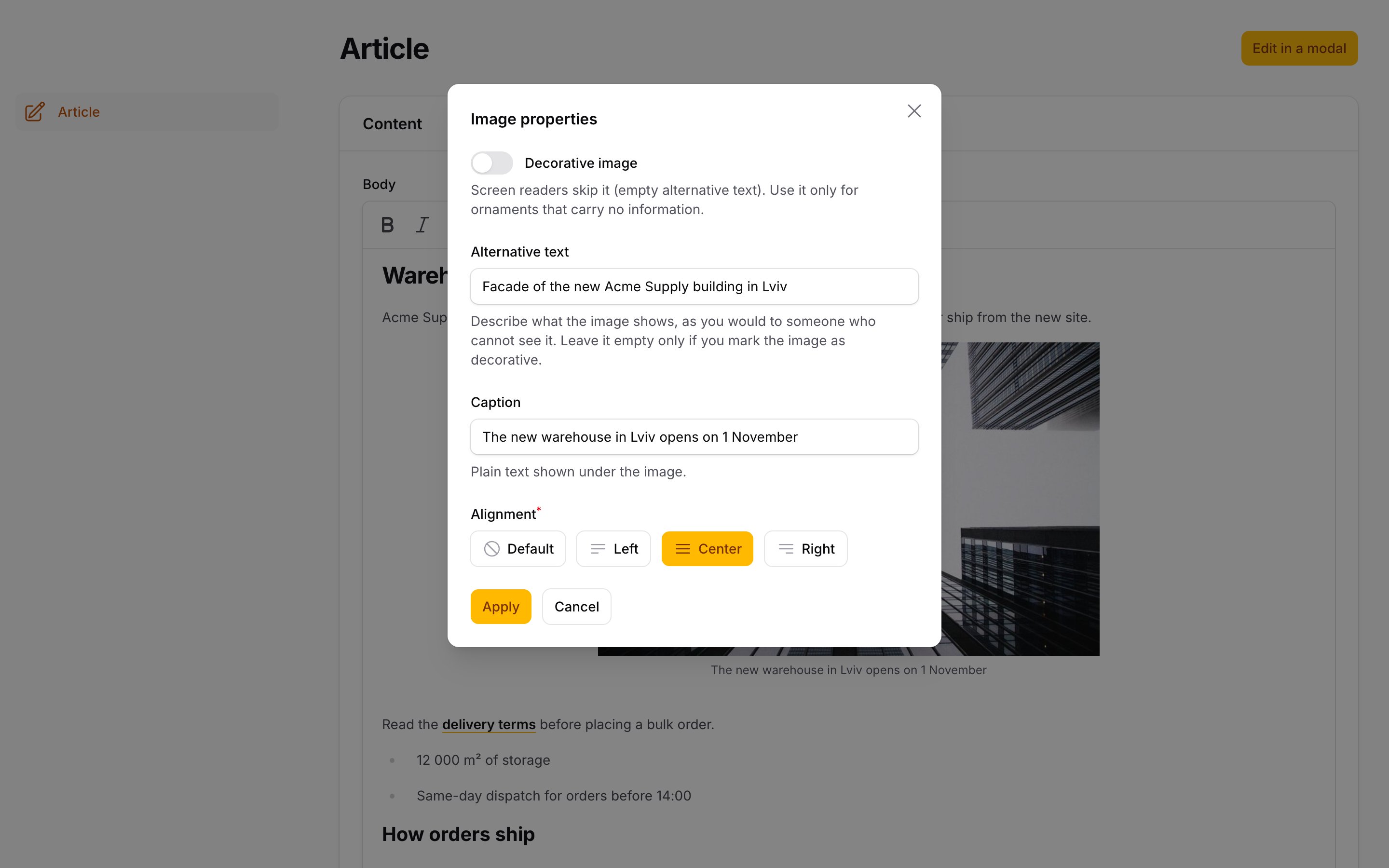 The Image properties dialog: alternative text, decorative switch, caption and alignment