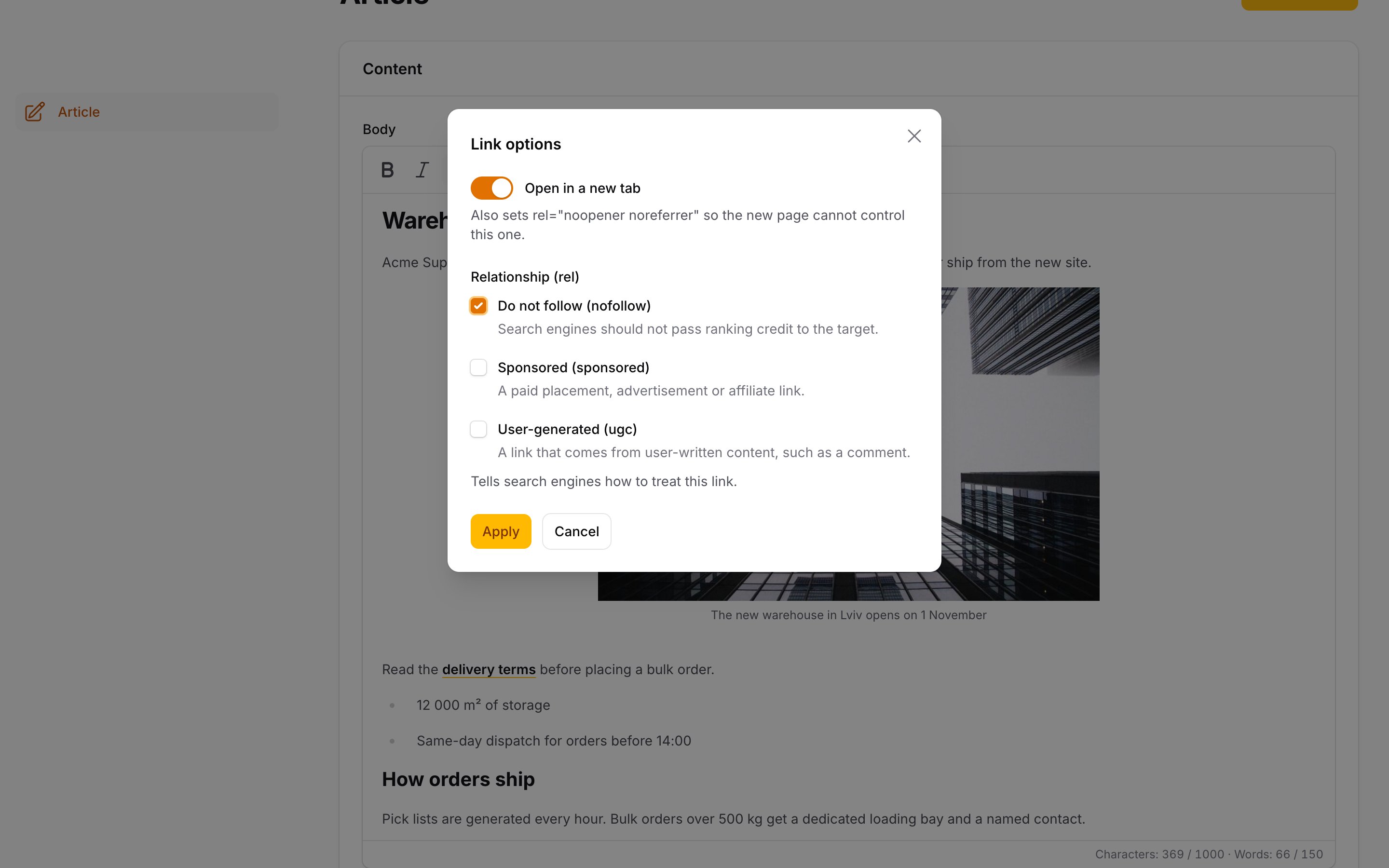 The Link options dialog: open in a new tab and rel checkboxes