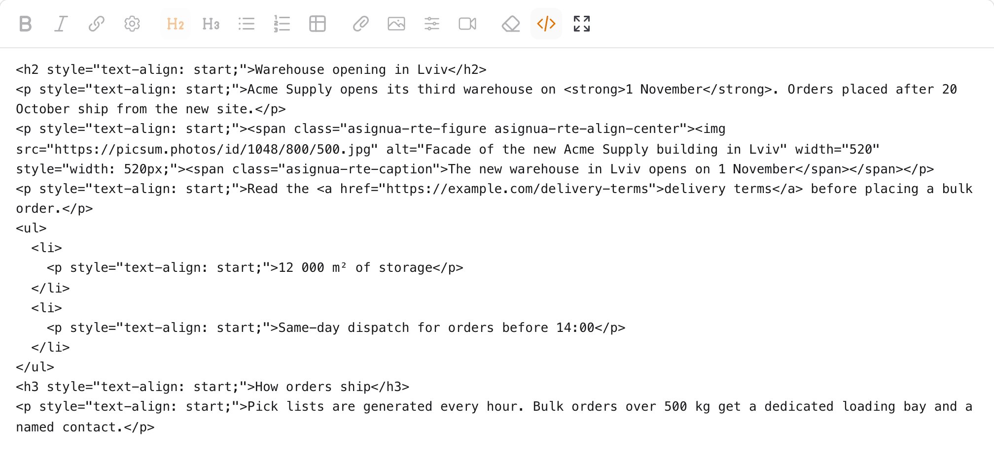 The HTML source view of a short article