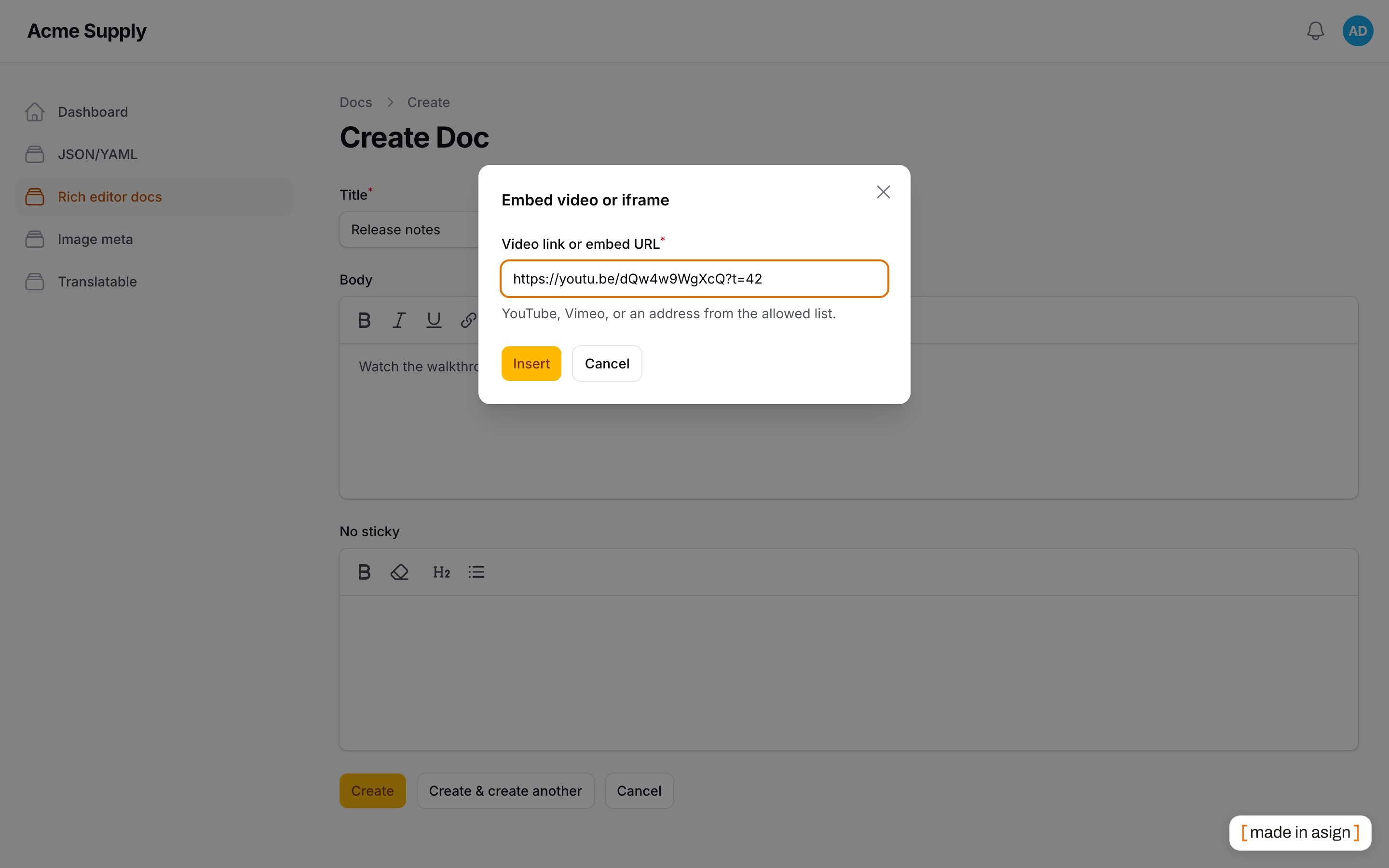The Embed dialog accepting a YouTube link