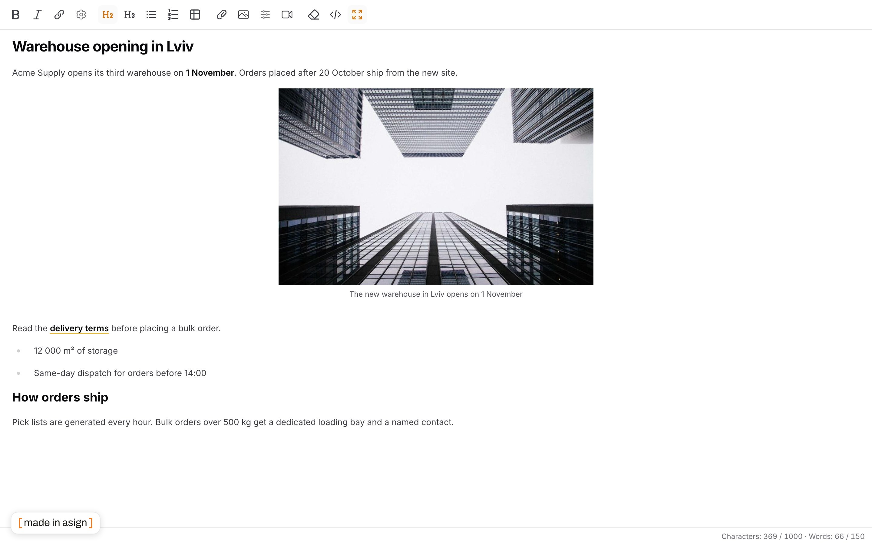 The editor in fullscreen with the character and word counter