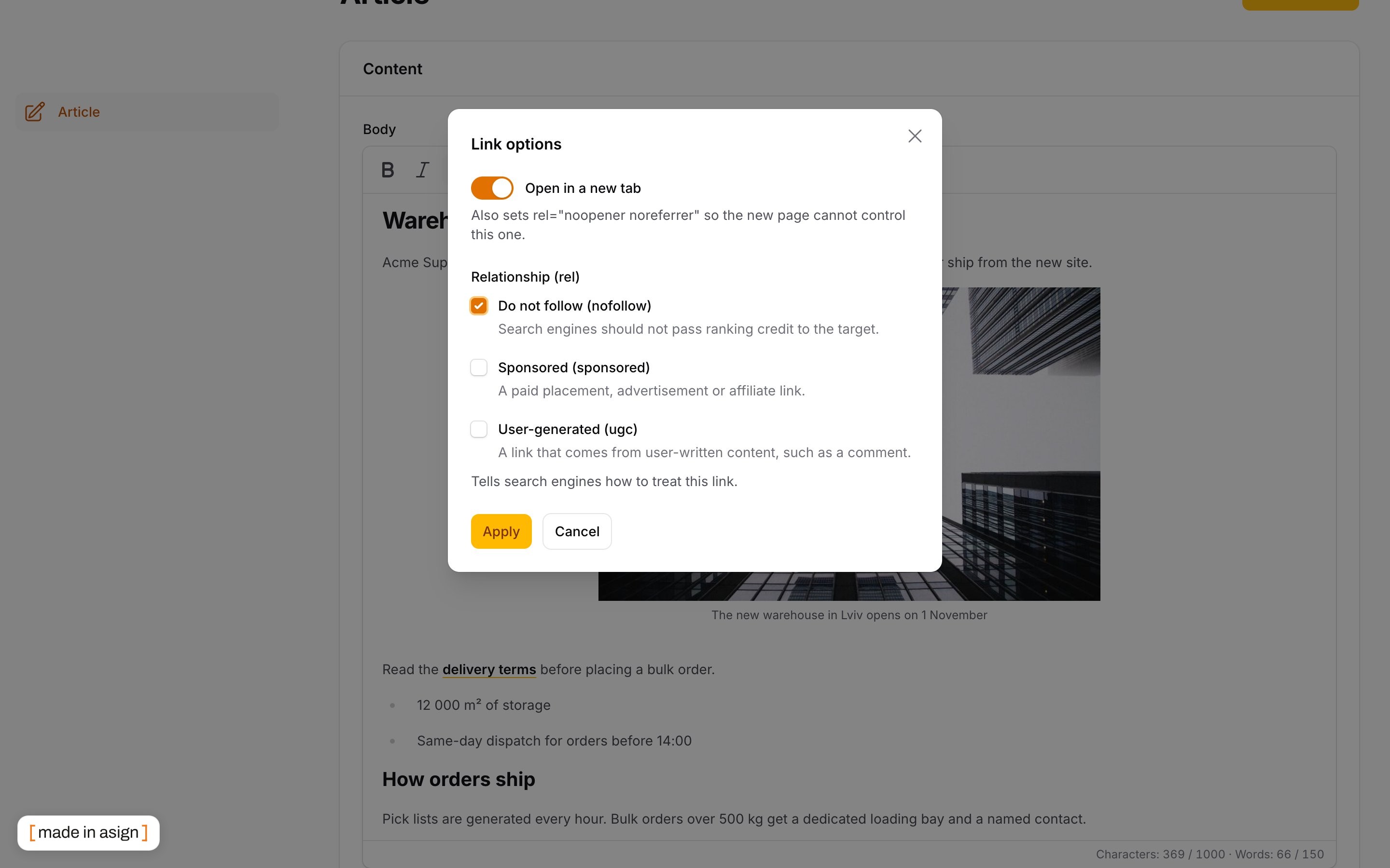 The Link options dialog: open in a new tab and rel checkboxes
