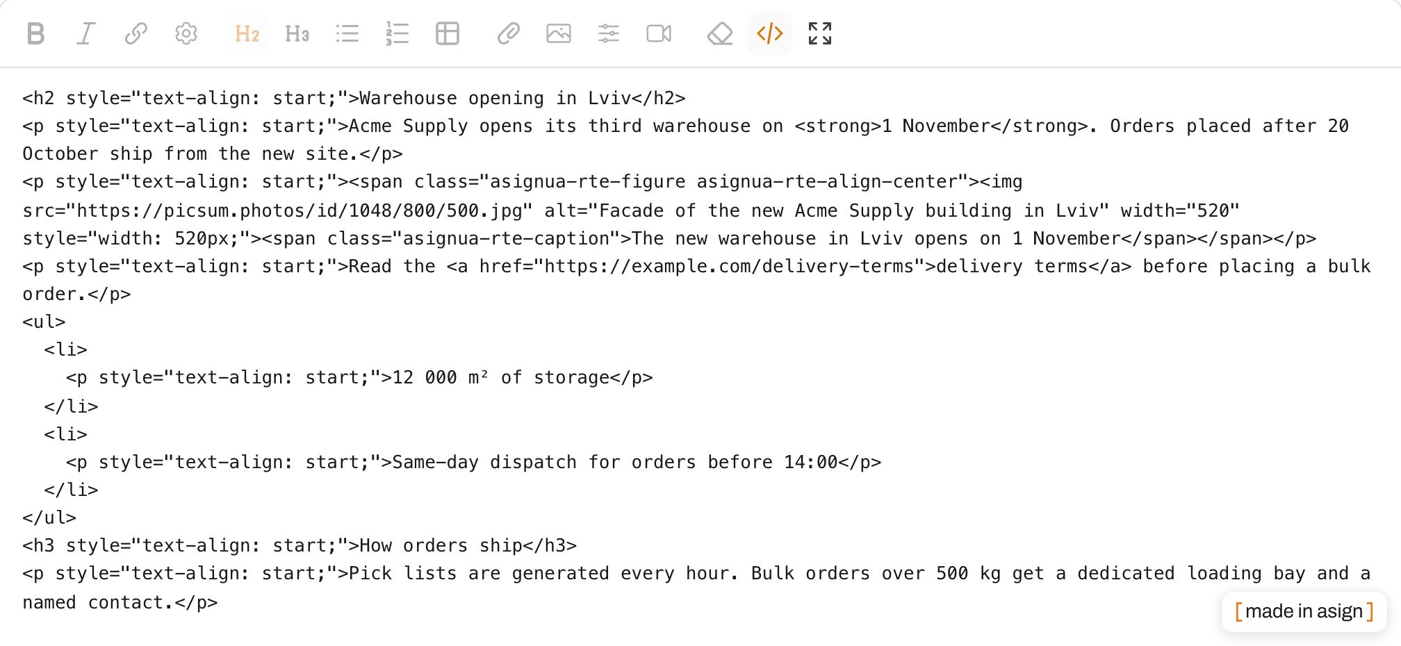 The HTML source view of a short article