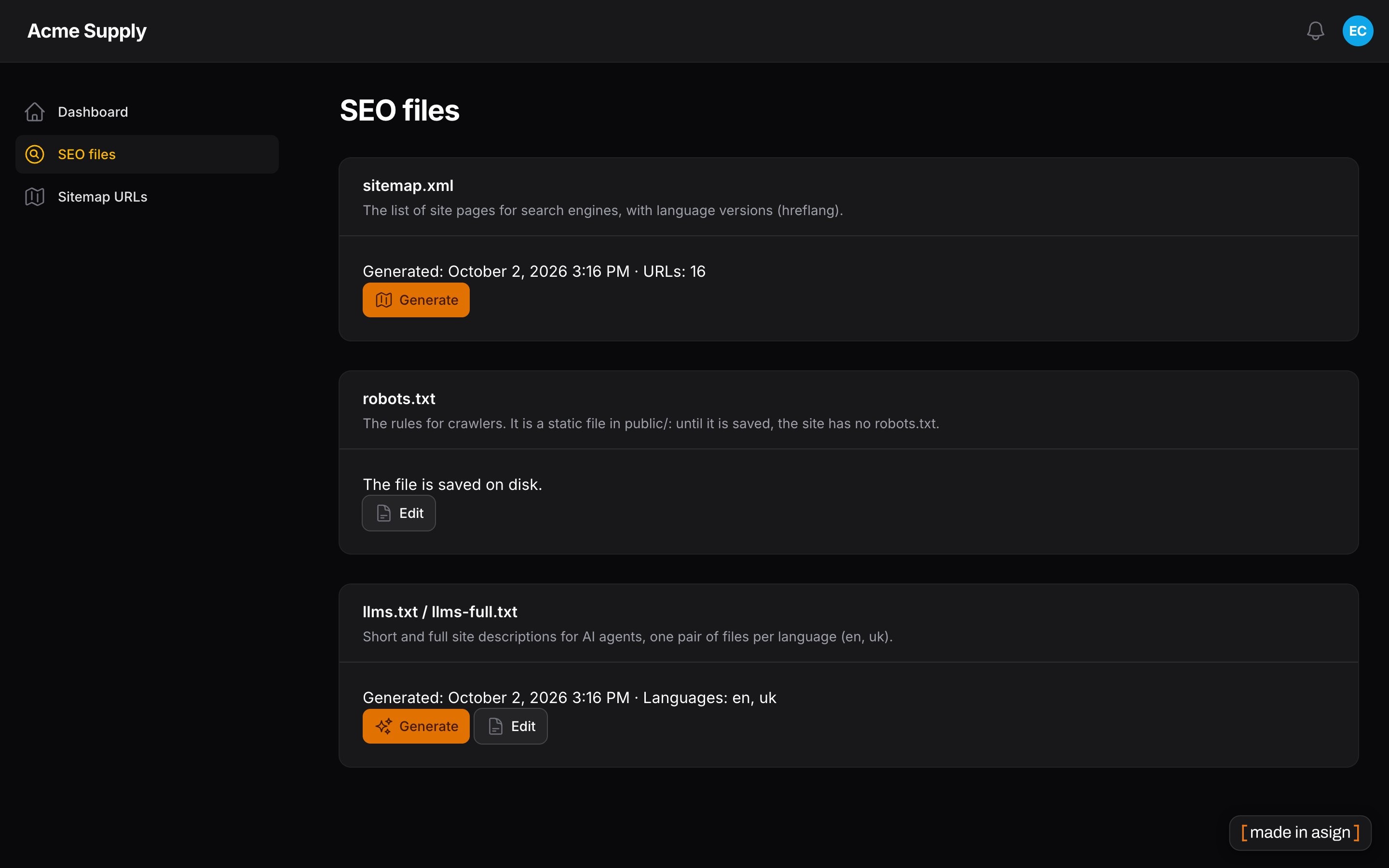 The SEO files page, dark mode