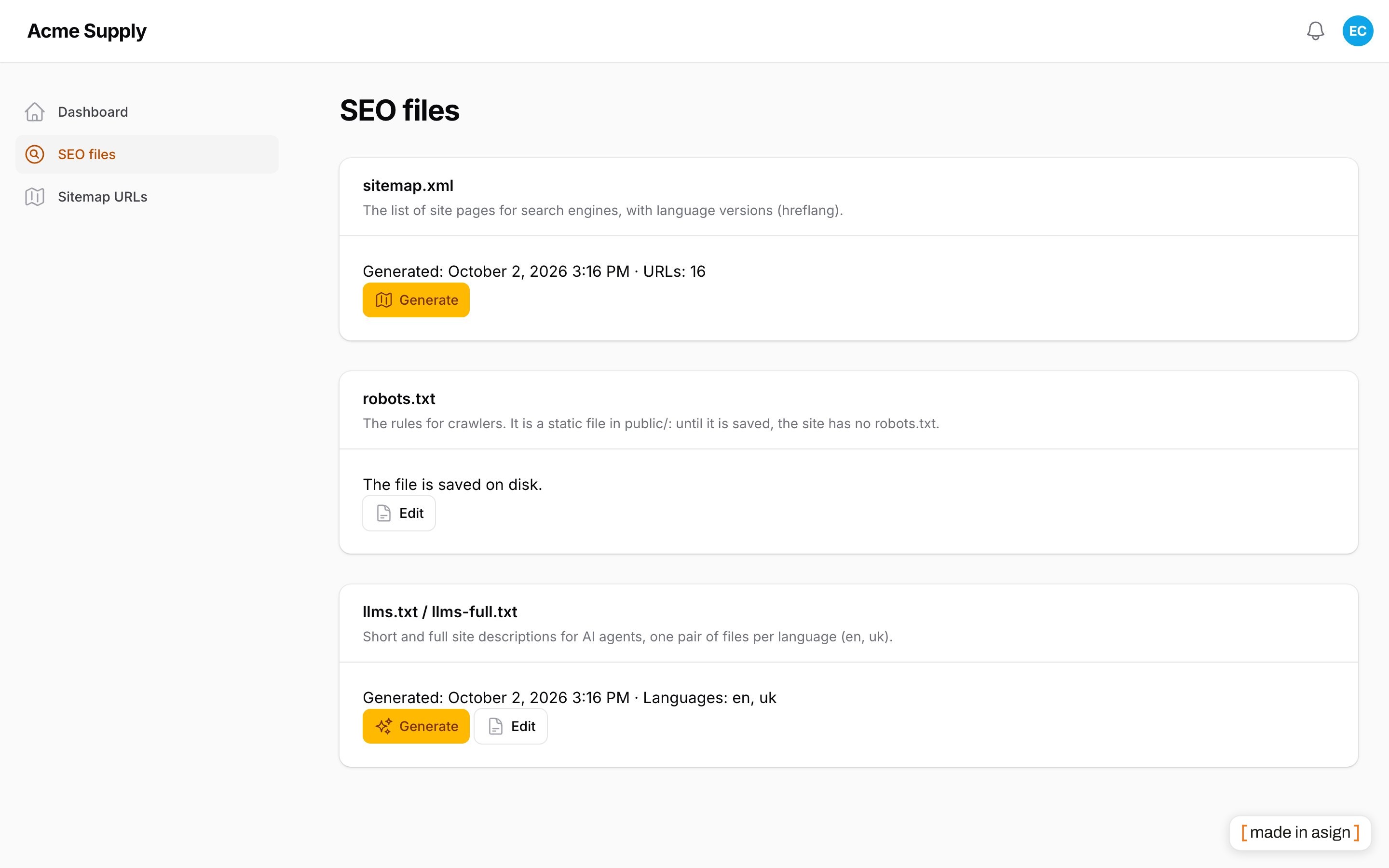 The SEO files page