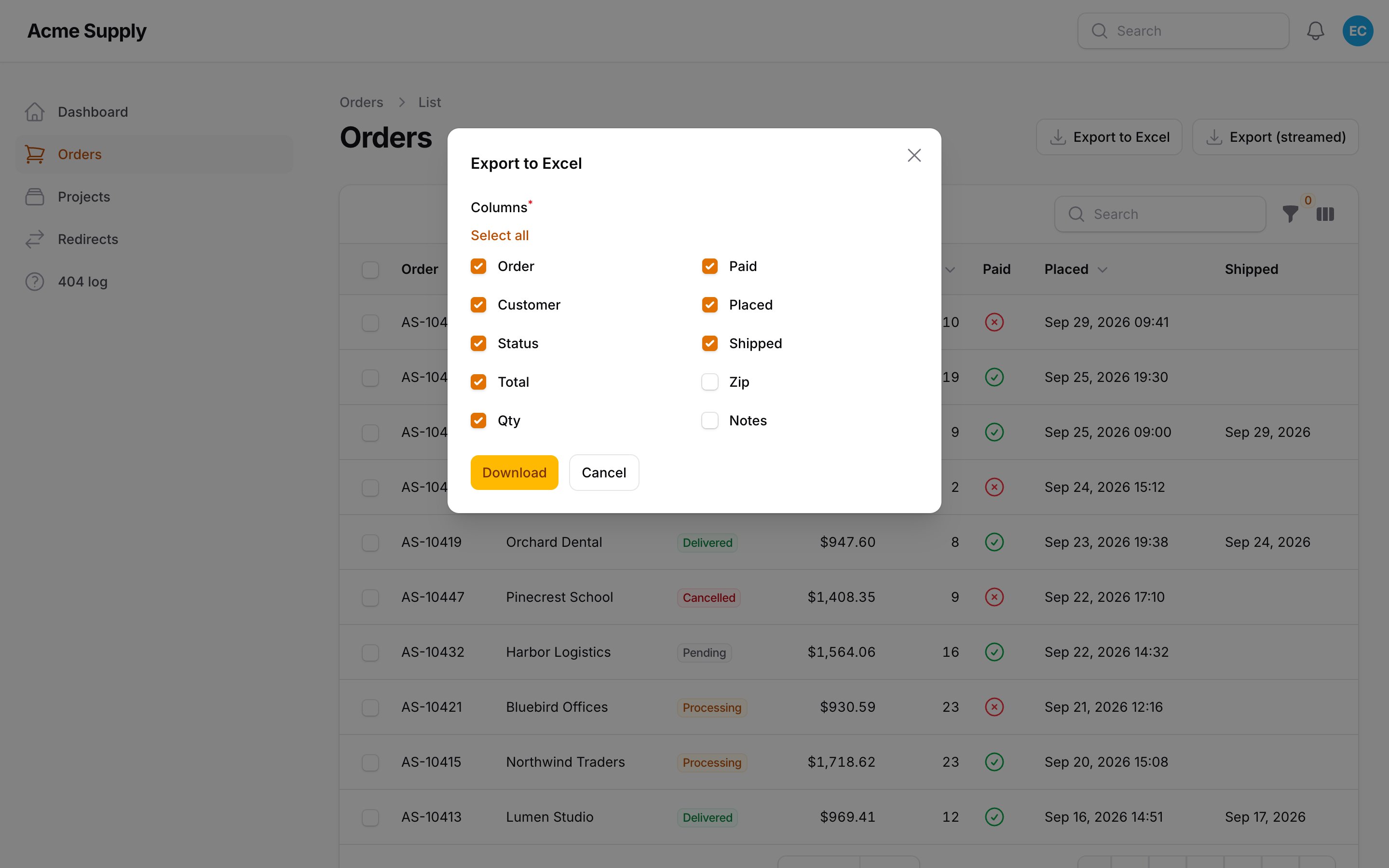 Export modal