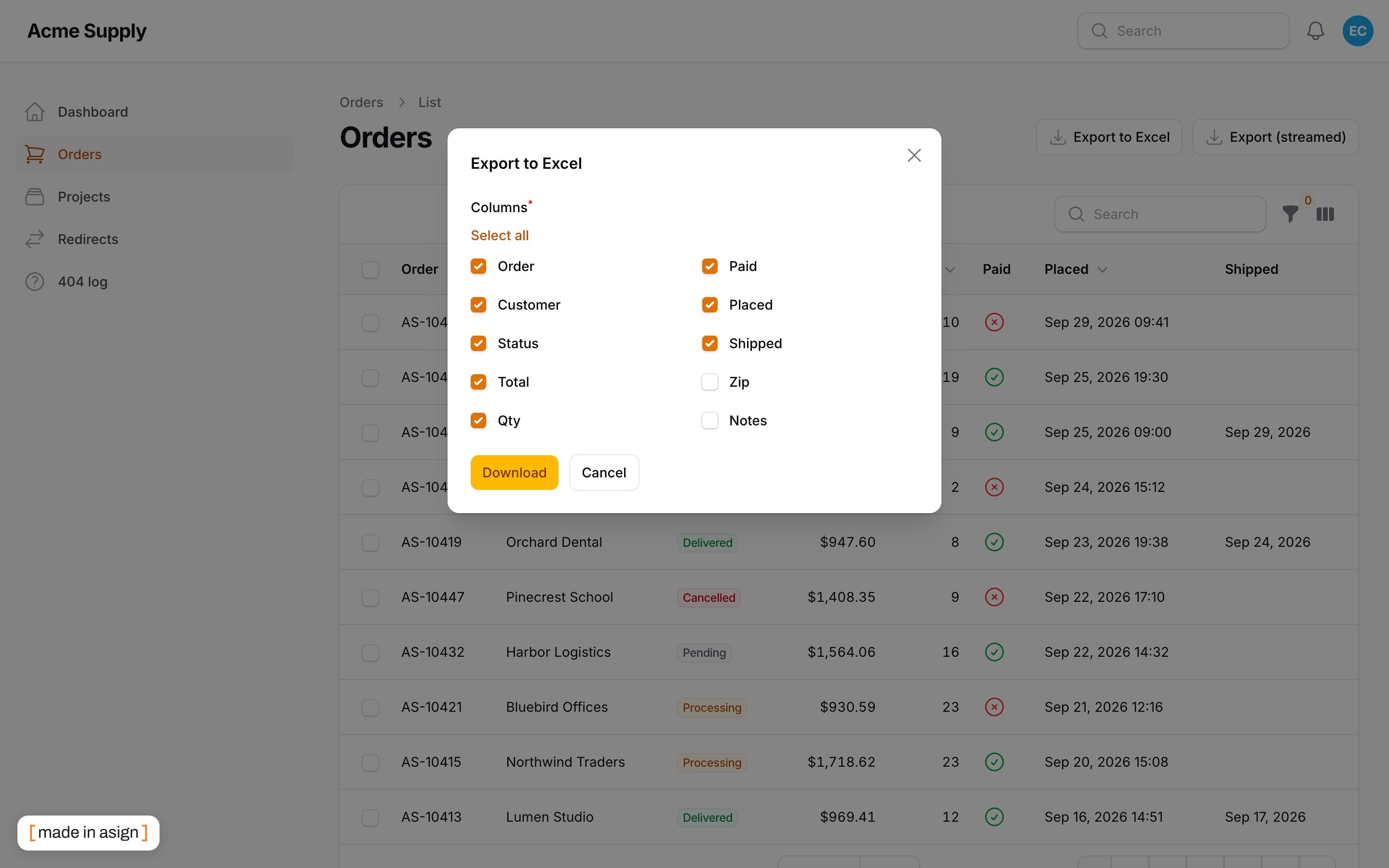 Export modal