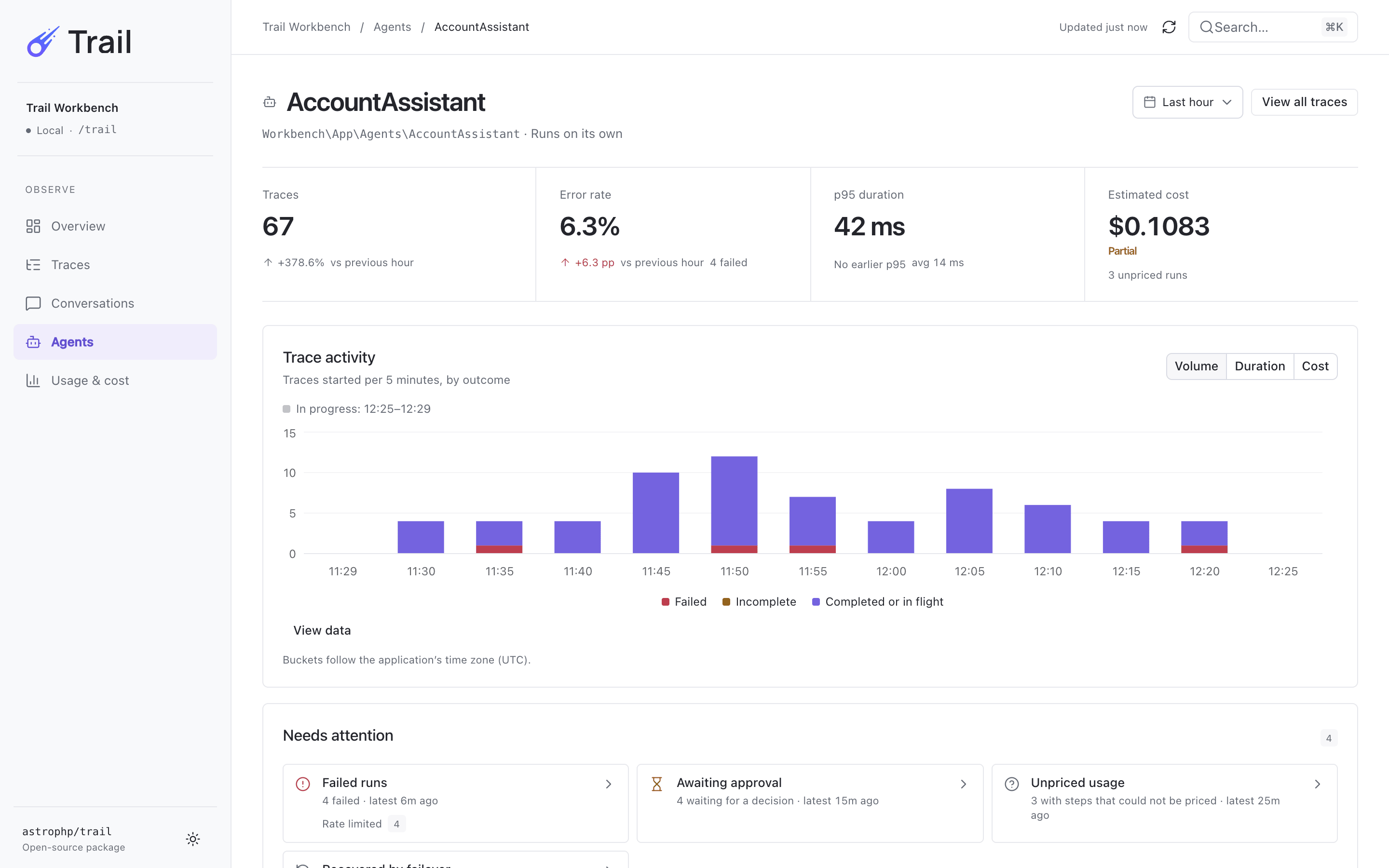 The page of one agent: its runs, error rate, latency and cost over the last hour.
