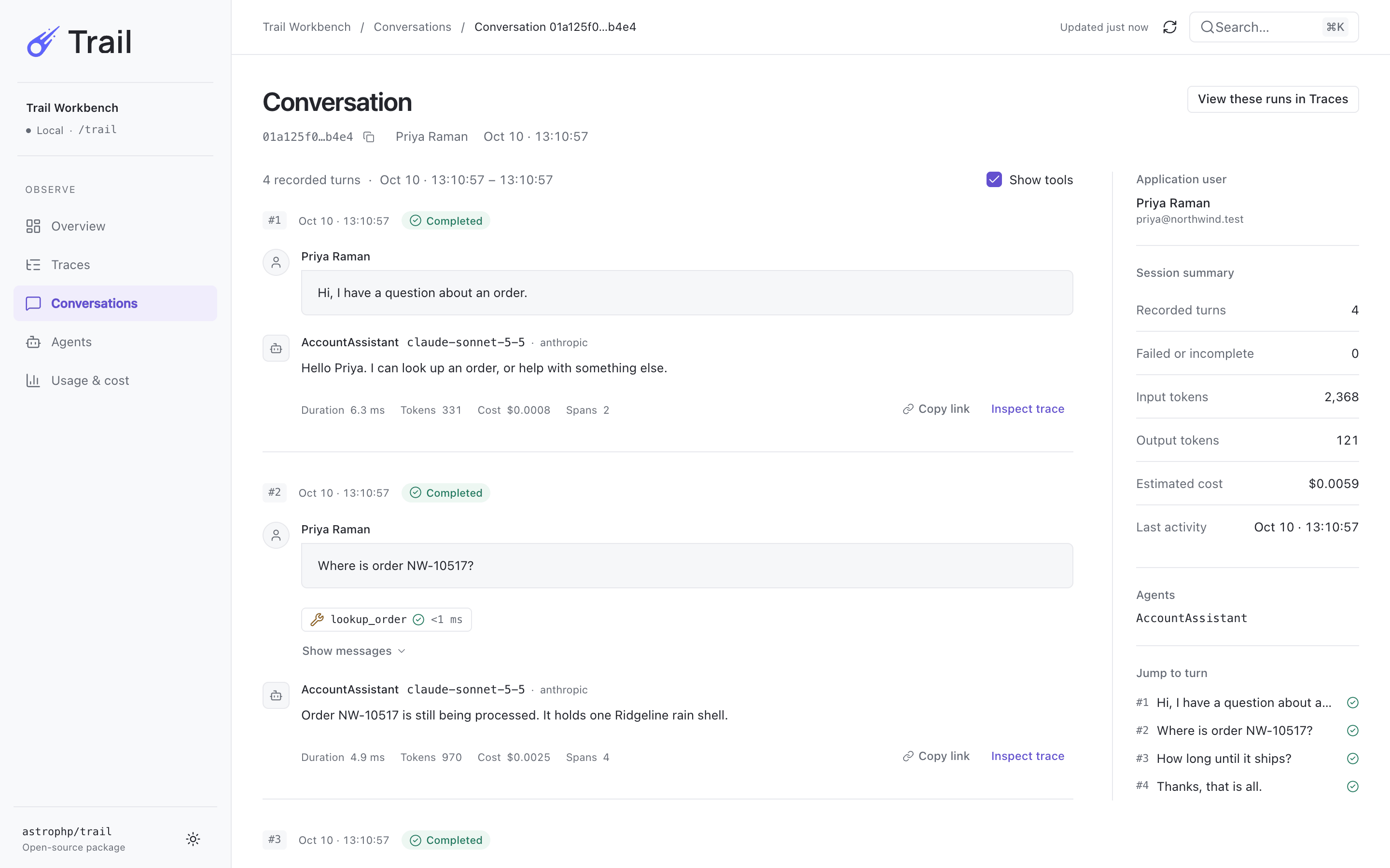A conversation shown as a transcript of several turns between a customer and an assistant.