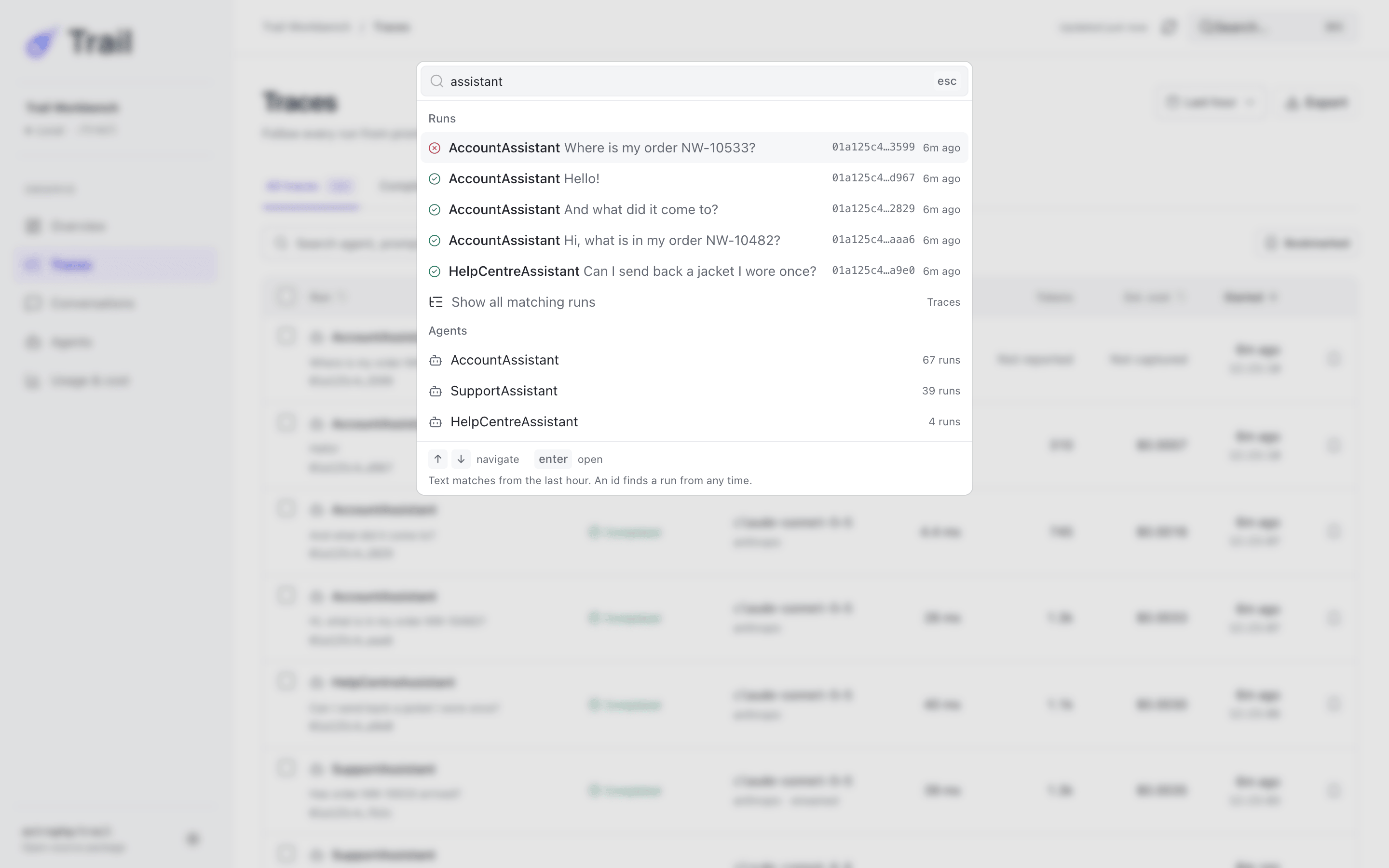 The command palette open over the Traces list, with matching runs and agents in separate groups.