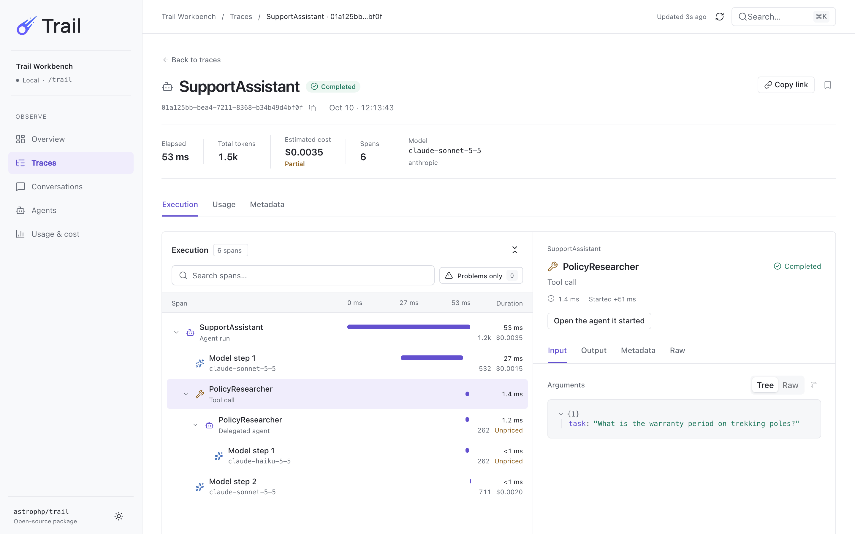 The inspector of one run: an execution tree of model steps, a tool call and a delegated sub-agent with timing bars, and the evidence for the selected step beside it.