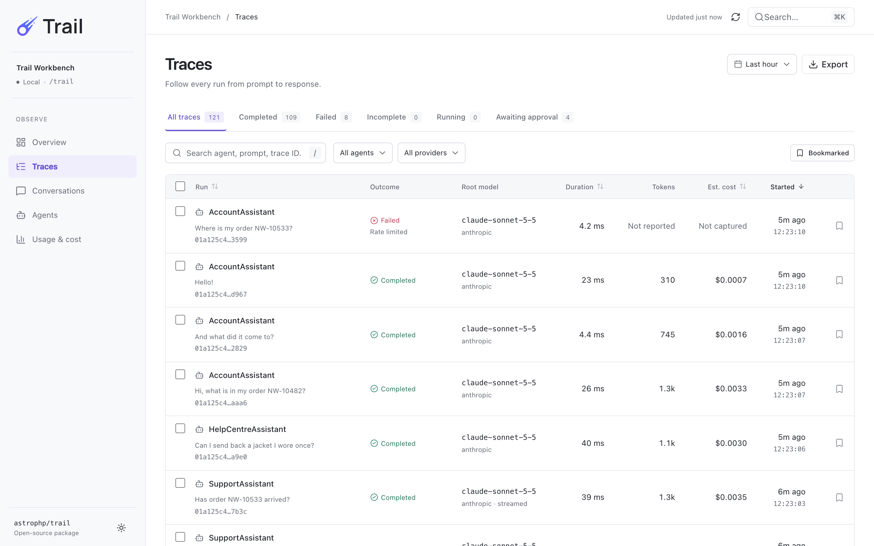 The Traces list: every recorded run with its agent, status, duration, tokens and estimated cost, with filters above it.