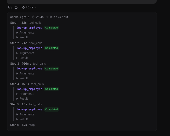 Tool call execution trace