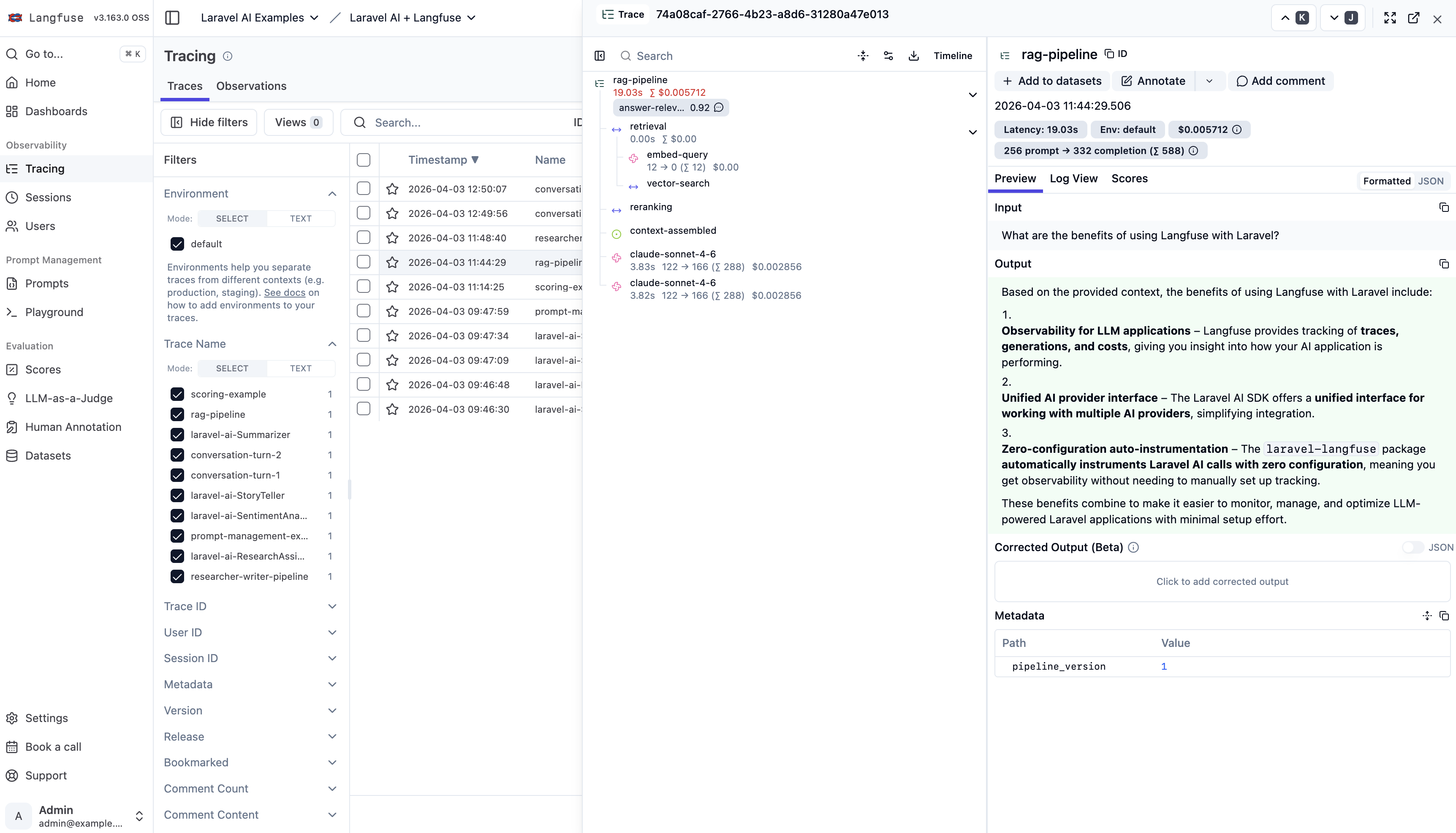 Langfuse trace view showing a RAG pipeline with nested spans, token usage, costs, and evaluation scores - all sent from Laravel