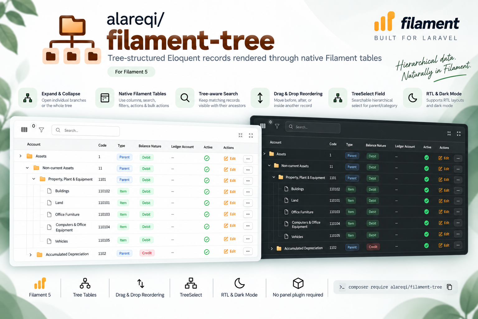 Filament Tree package overview showing expandable hierarchical tables in light and dark modes