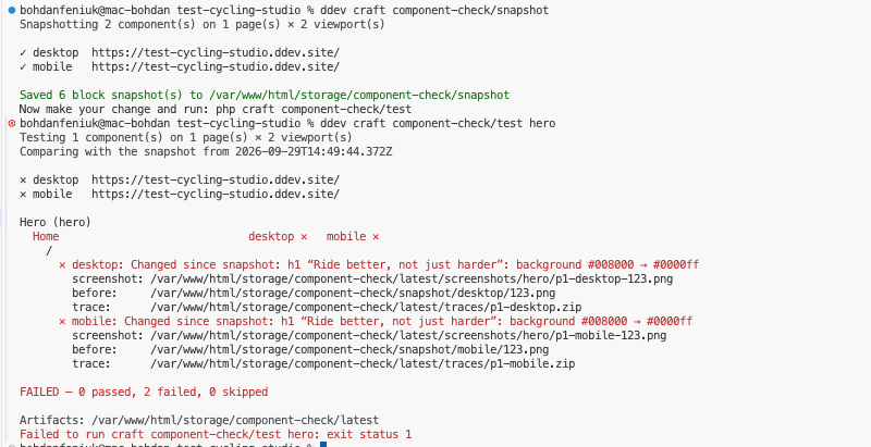 snapshot, then test: the changed h1 background is reported on desktop and mobile