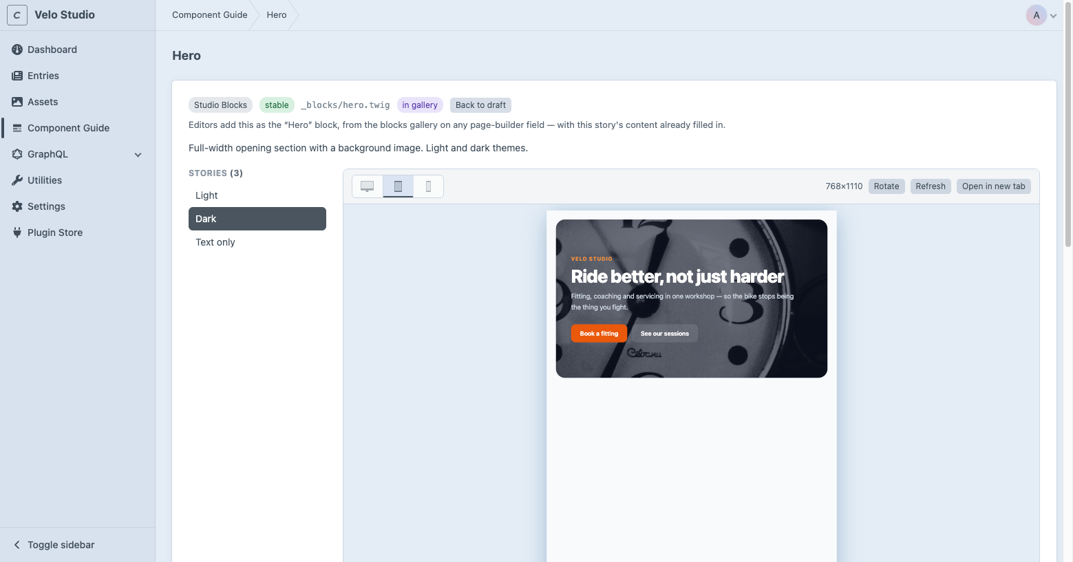 A component page: three stories with Dark selected, the viewport switcher, and an isolated preview rendered with the site's own CSS