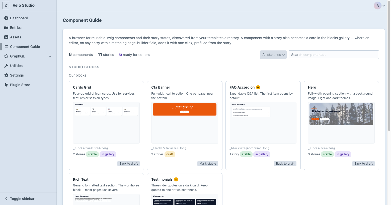 The component index: live preview cards with status and gallery chips, a status filter, and a count of blocks ready for editors