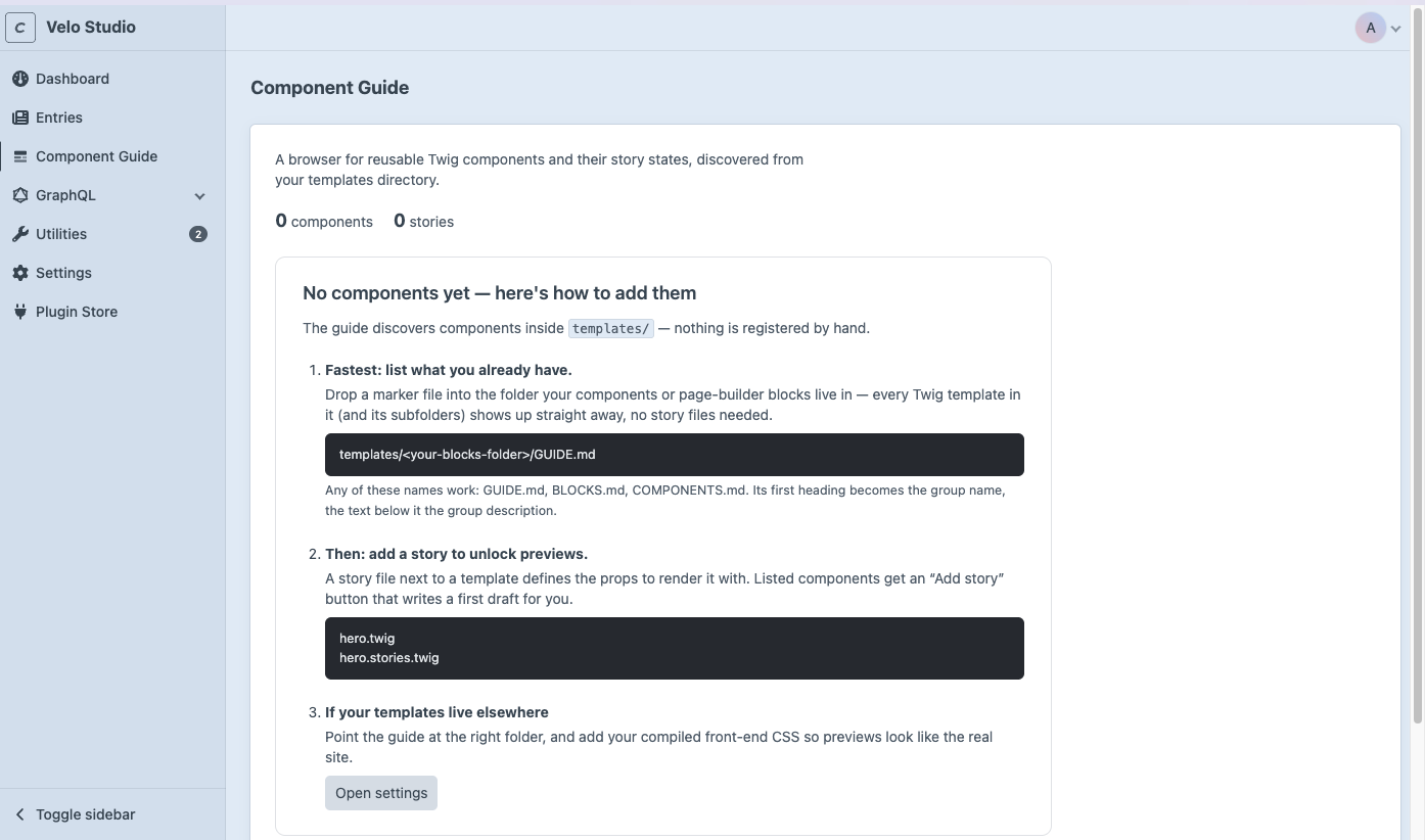 The onboarding panel shown before any components are discovered