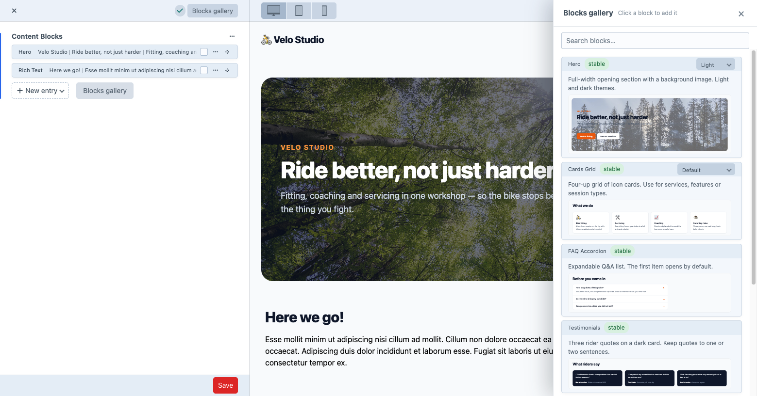 The blocks gallery open over an entry in Live Preview: real rendered previews where editors pick the block they add