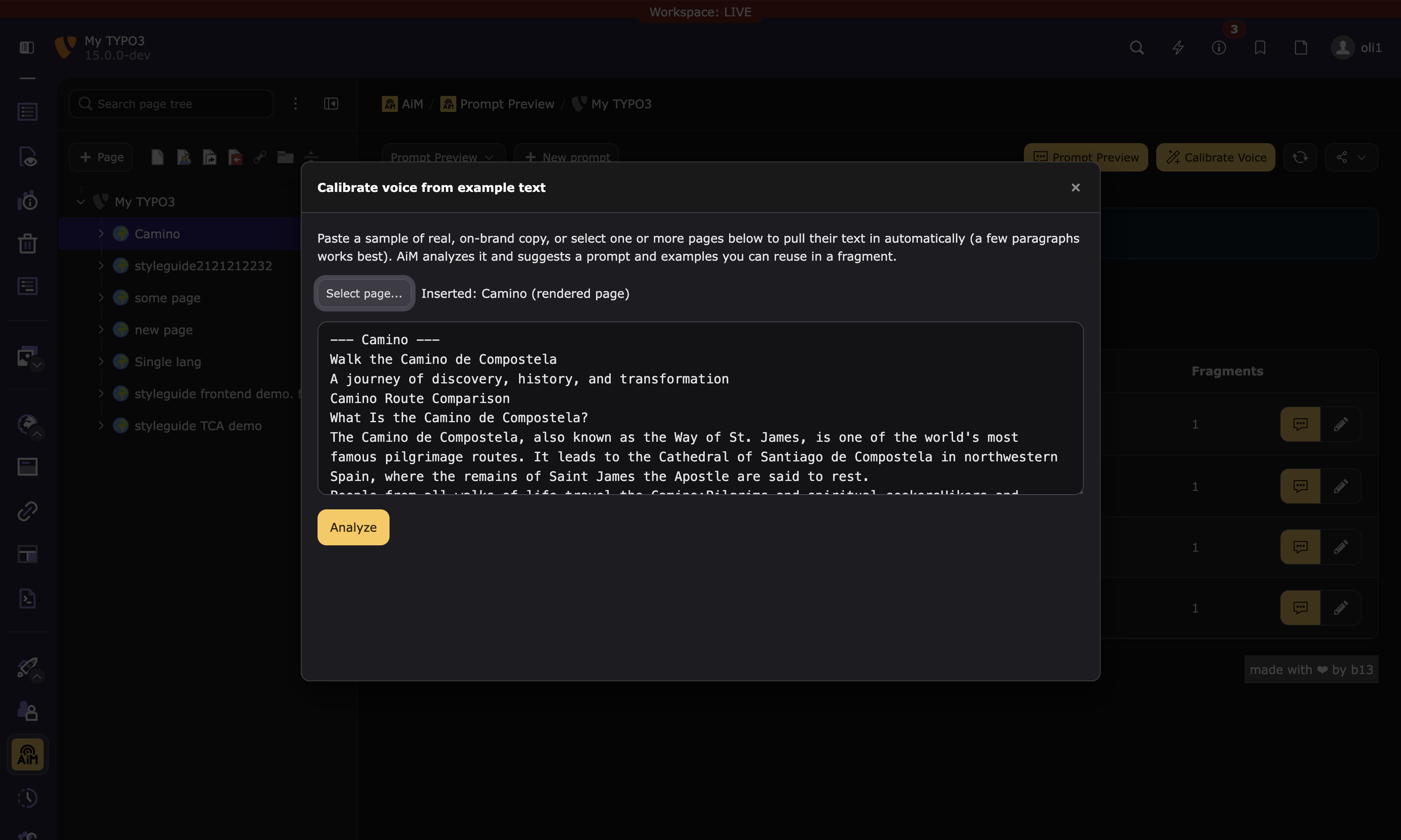Calibrate Voice modal with a rendered page inserted