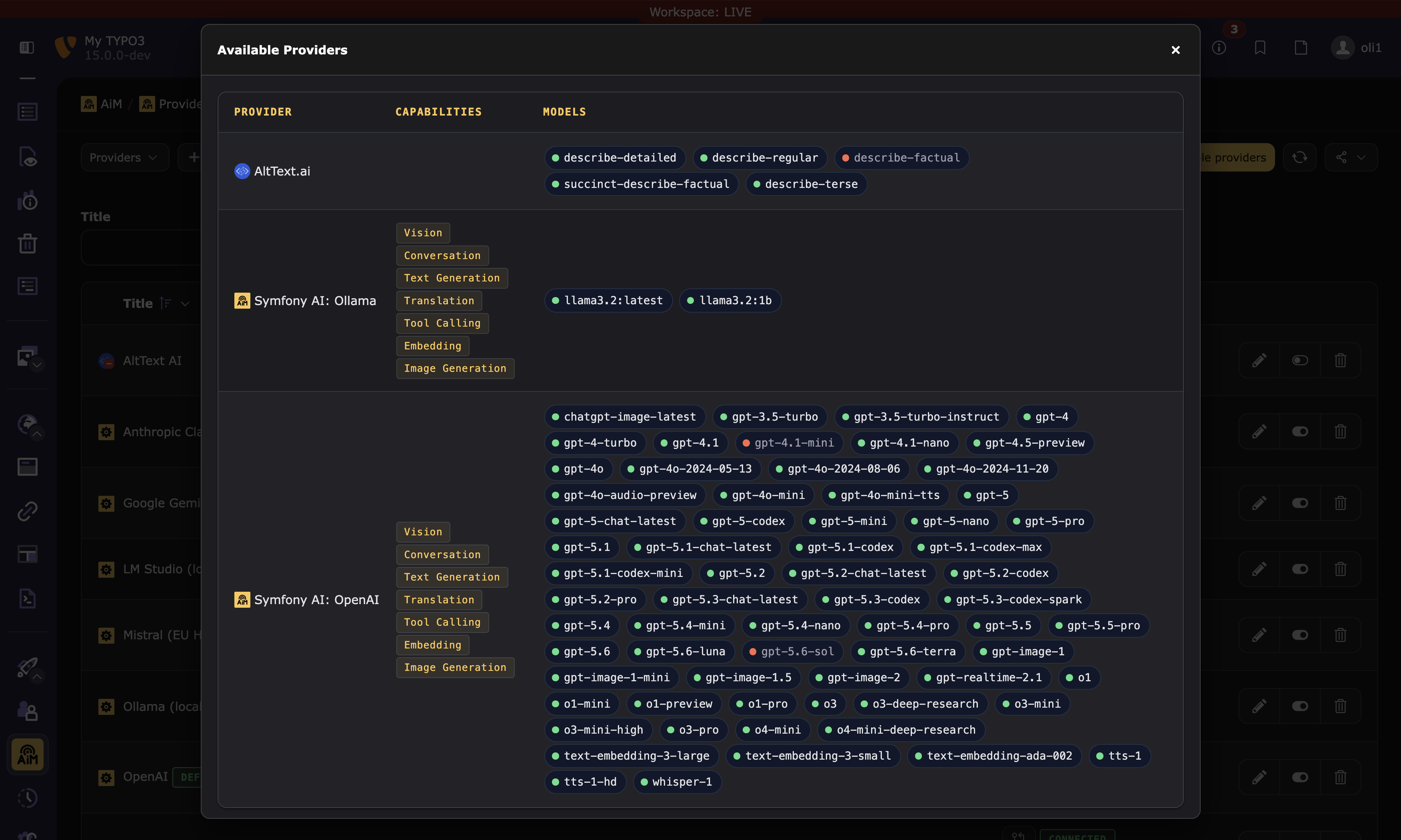 Available Providers modal with clickable model badges