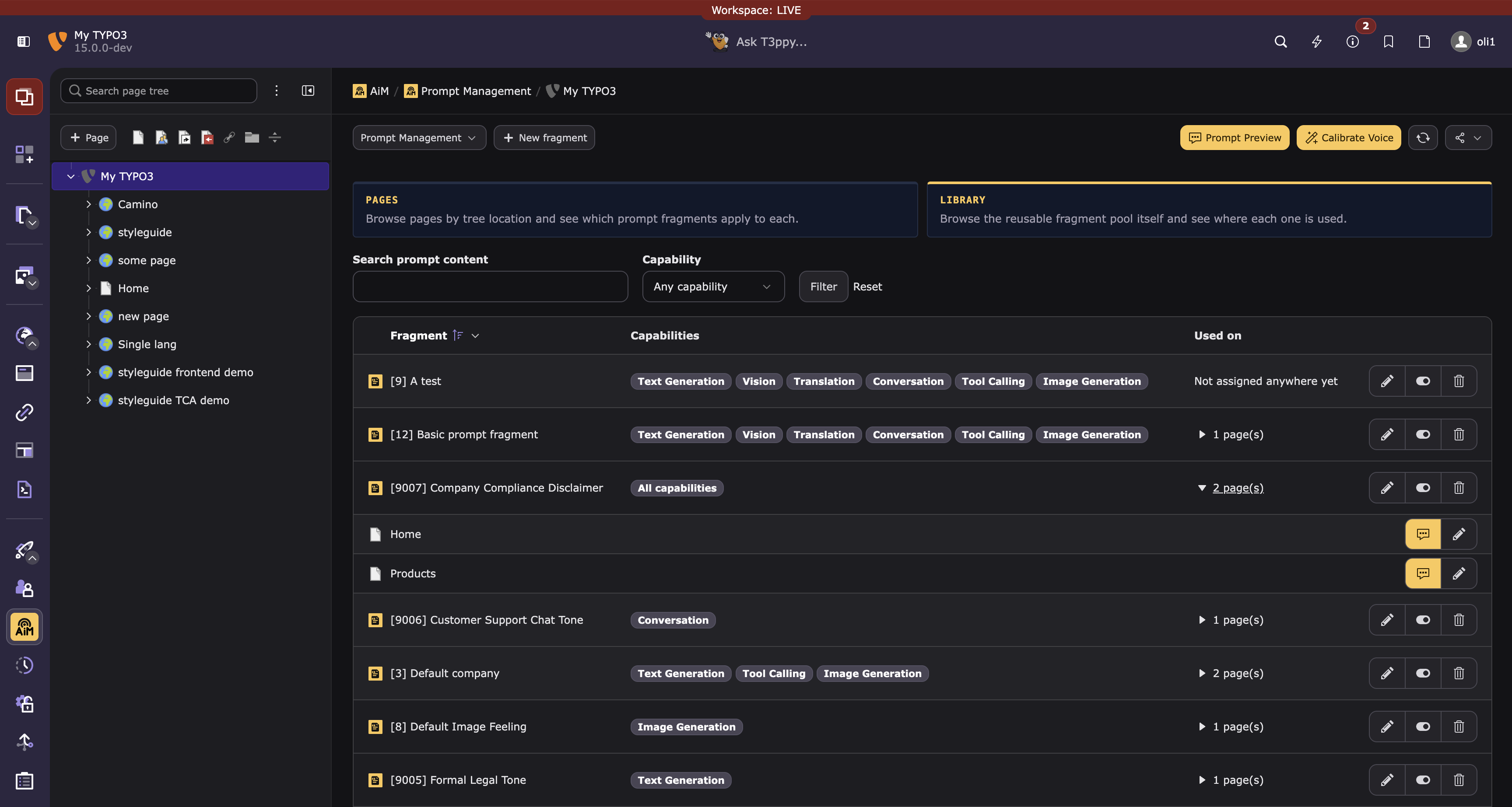 Prompt Management module, Library sub-action showing the reusable fragment pool with its "used on N page(s)" disclosure