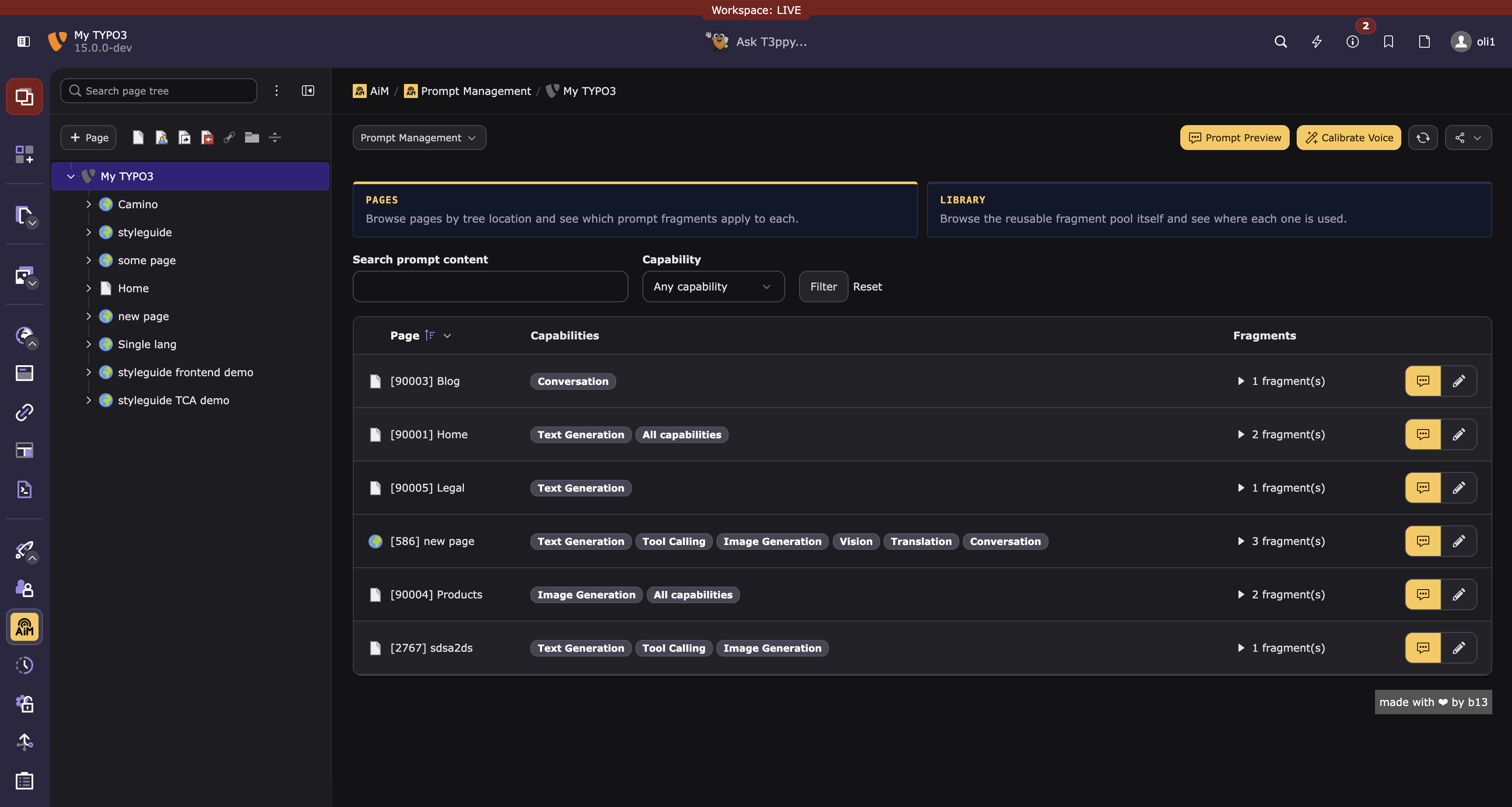 Prompt Management module, Pages sub-action filtered to a site's pages