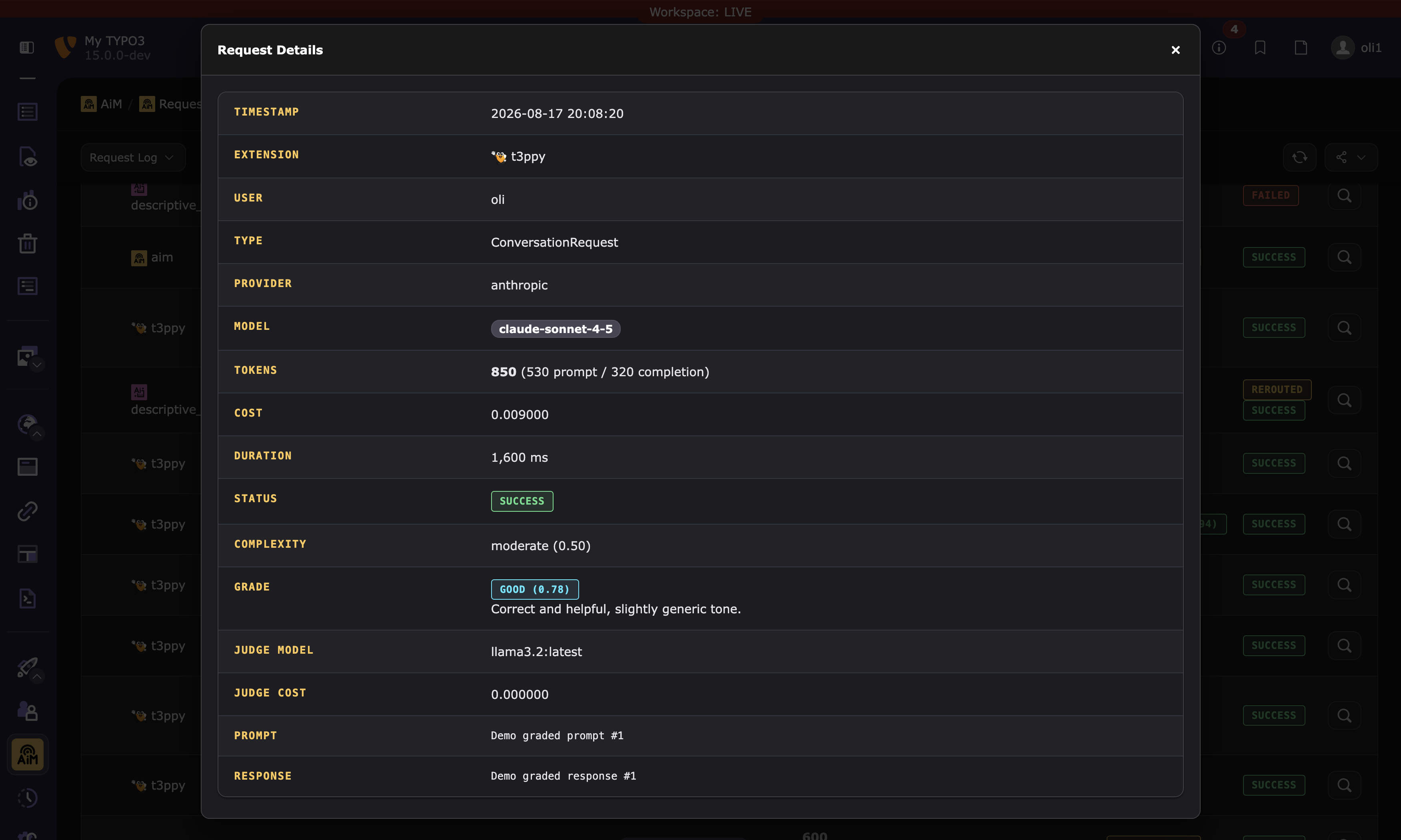 Request Log detail view