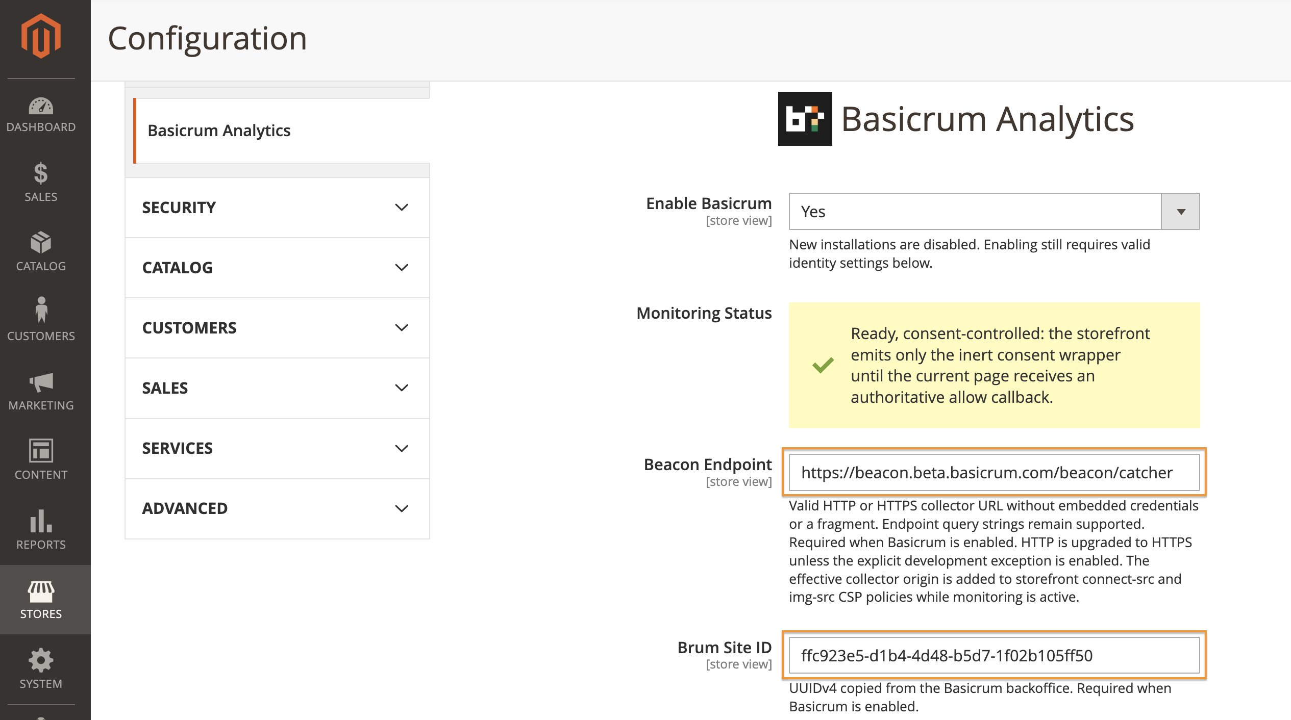 Basicrum Analytics enabled in Magento Admin with collector details and monitoring status