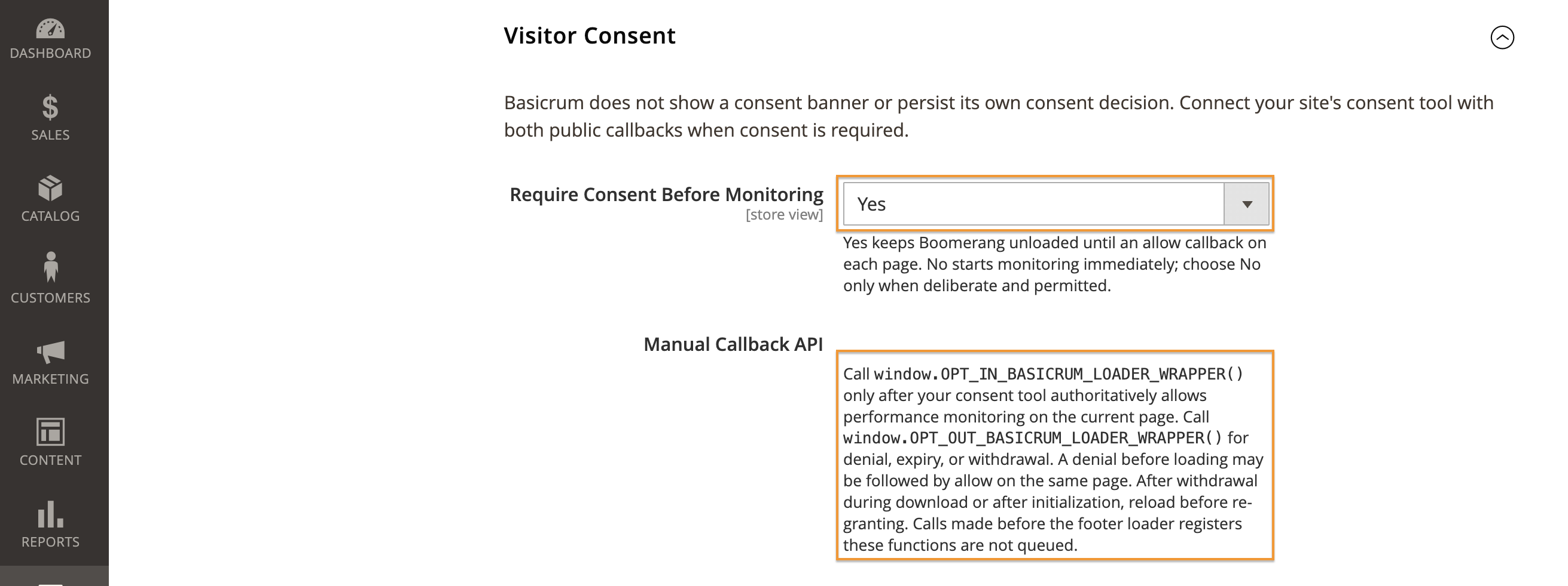 Visitor Consent settings showing required consent and the manual callback API