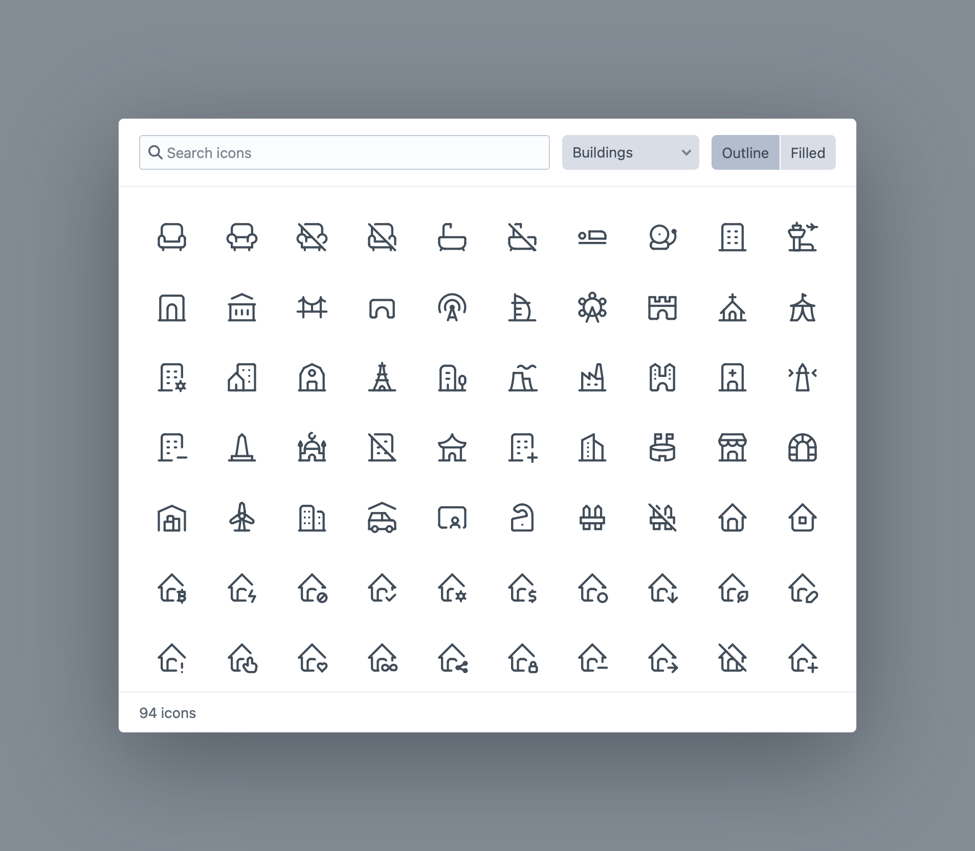 The Tabler icon picker, filtered to the Buildings category