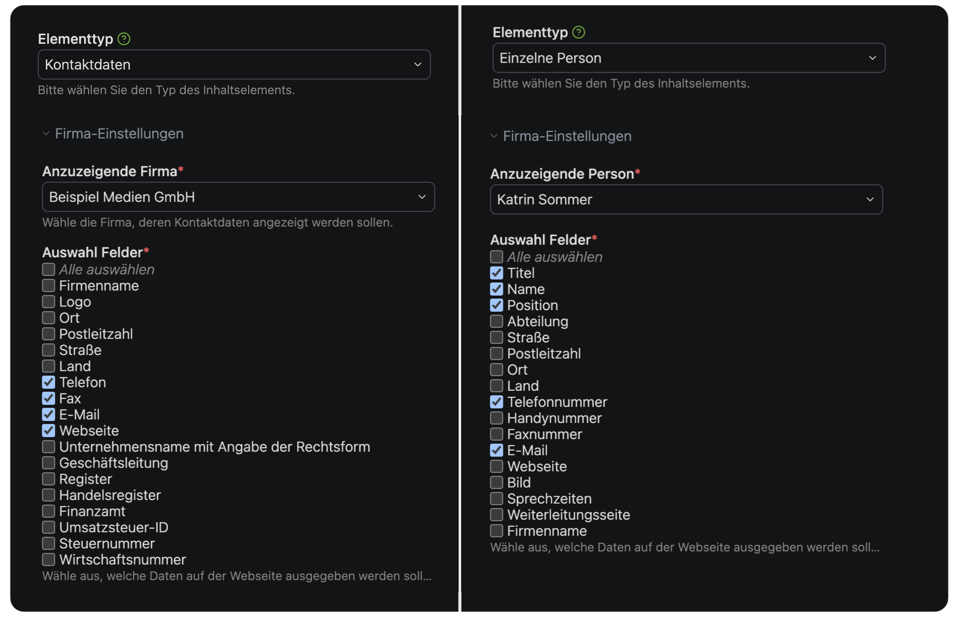 Content element with field selection