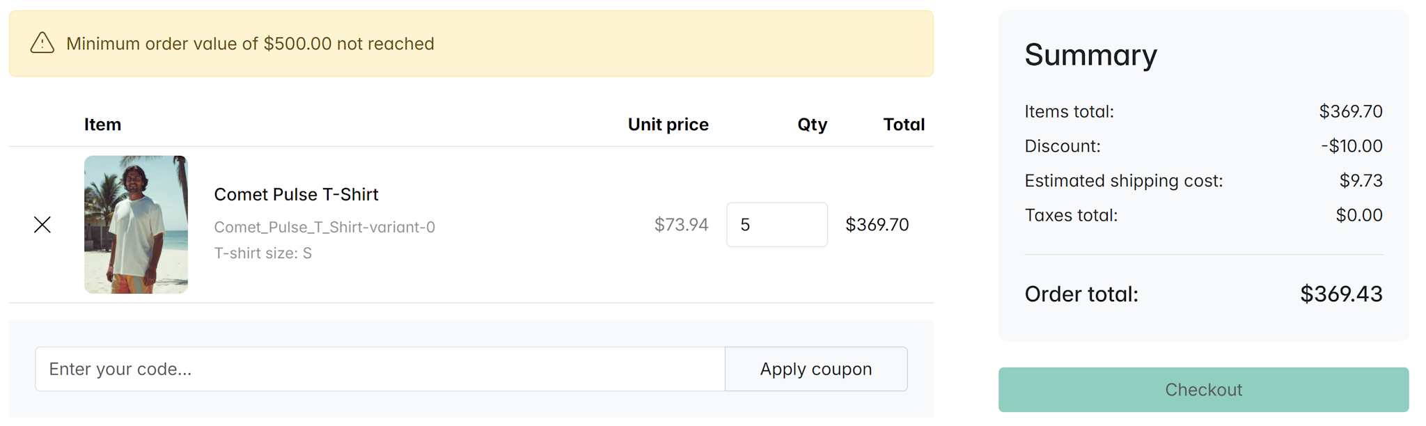 Minimum order value alert in cart
