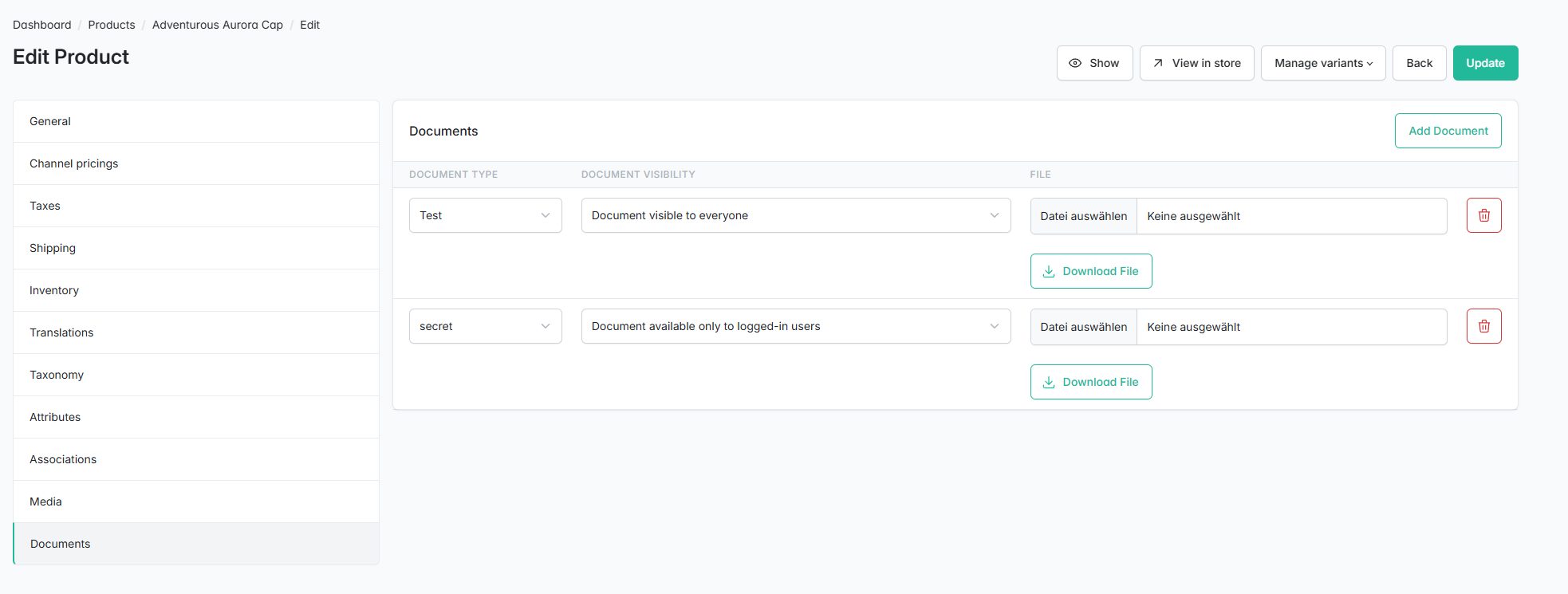 Attach documents to a product