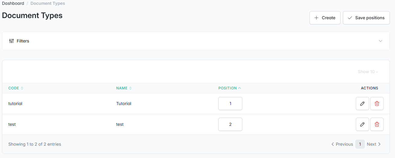 Create document types in the admin