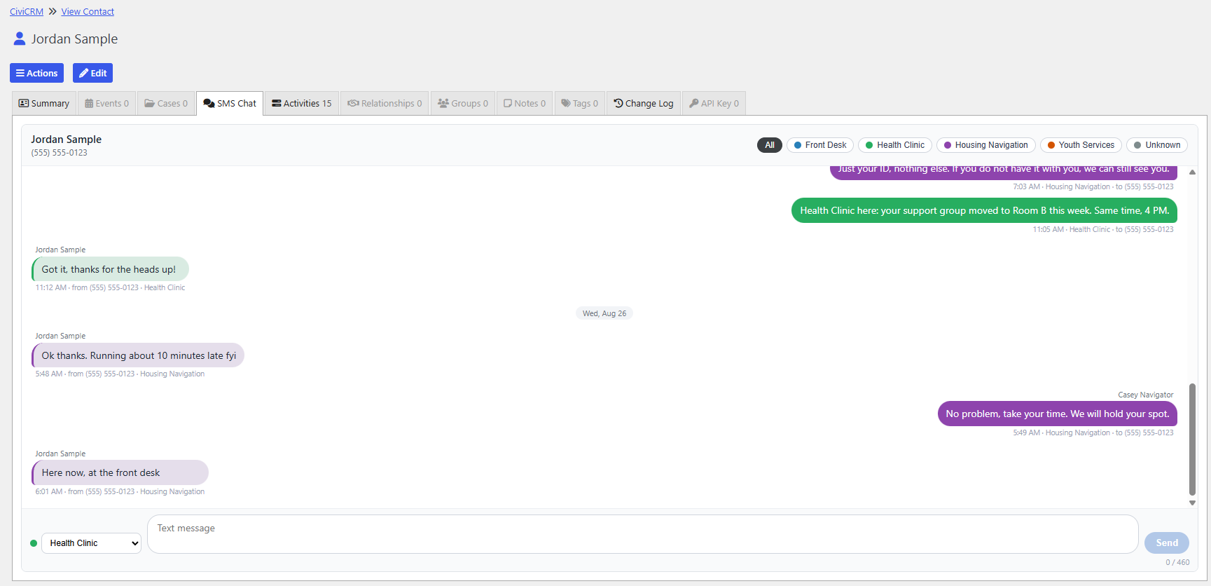 SMS Chat tab on a contact record