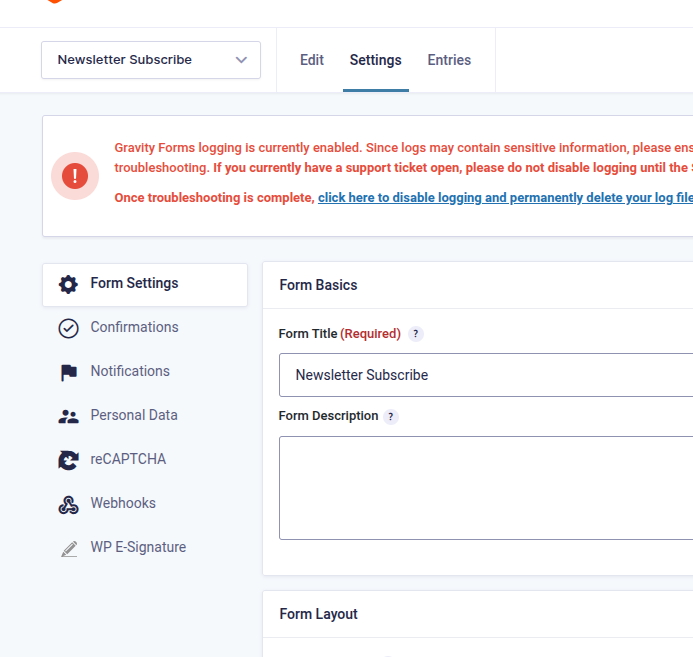 Gravity Forms Form Settings
