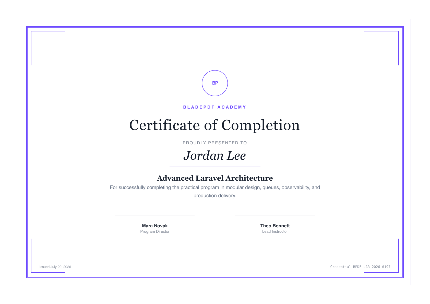 Rendered certificate example