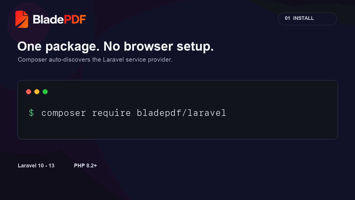 Install BladePDF, render a Laravel Blade invoice, and download the generated PDF